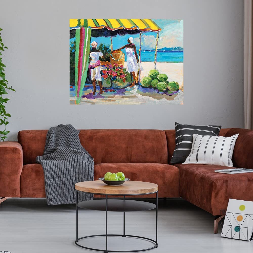 Tropical Fruit Stand Canvas Wall Art - Hand Painted by Artist Jane Slivka - 32x24 Inch Ready to Hang Painting for Living Room, Bedroom, Office Decor - Vibrant Kitchen & Dining Room Wall Decor - Perfect for Home, Bar or Guest Room