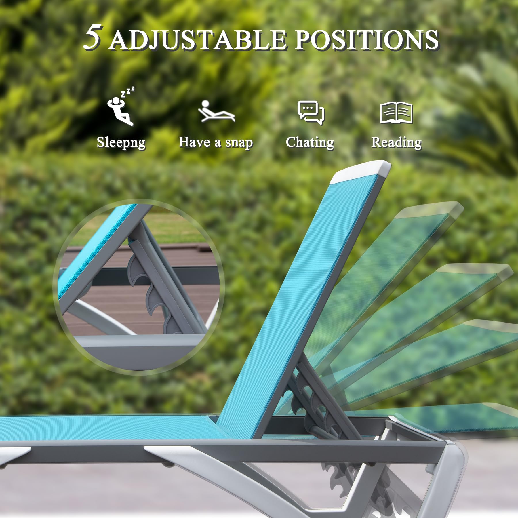 Domi Adjustable Aluminum Pool Lounge Chair with Table - All-Weather Outdoor Chaise Lounge for Deck, Lawn, Backyard & Poolside - Aqua Textilene Fabric - Perfect for Sunbathing, Relaxing by the Pool or Beach Vacation