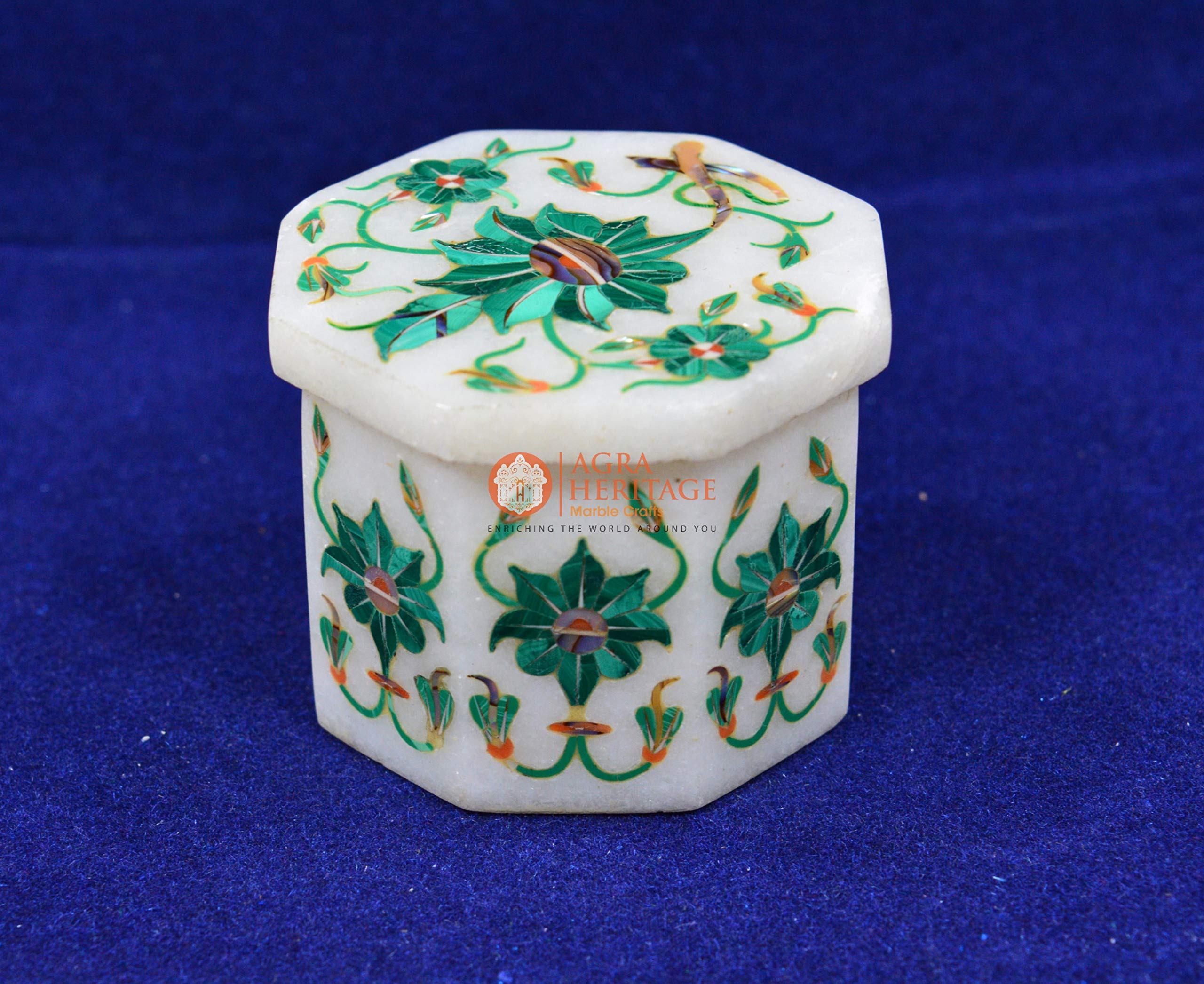 Handcrafted Malachite Octagon Jewelry Box with Marquetry Inlay - 2