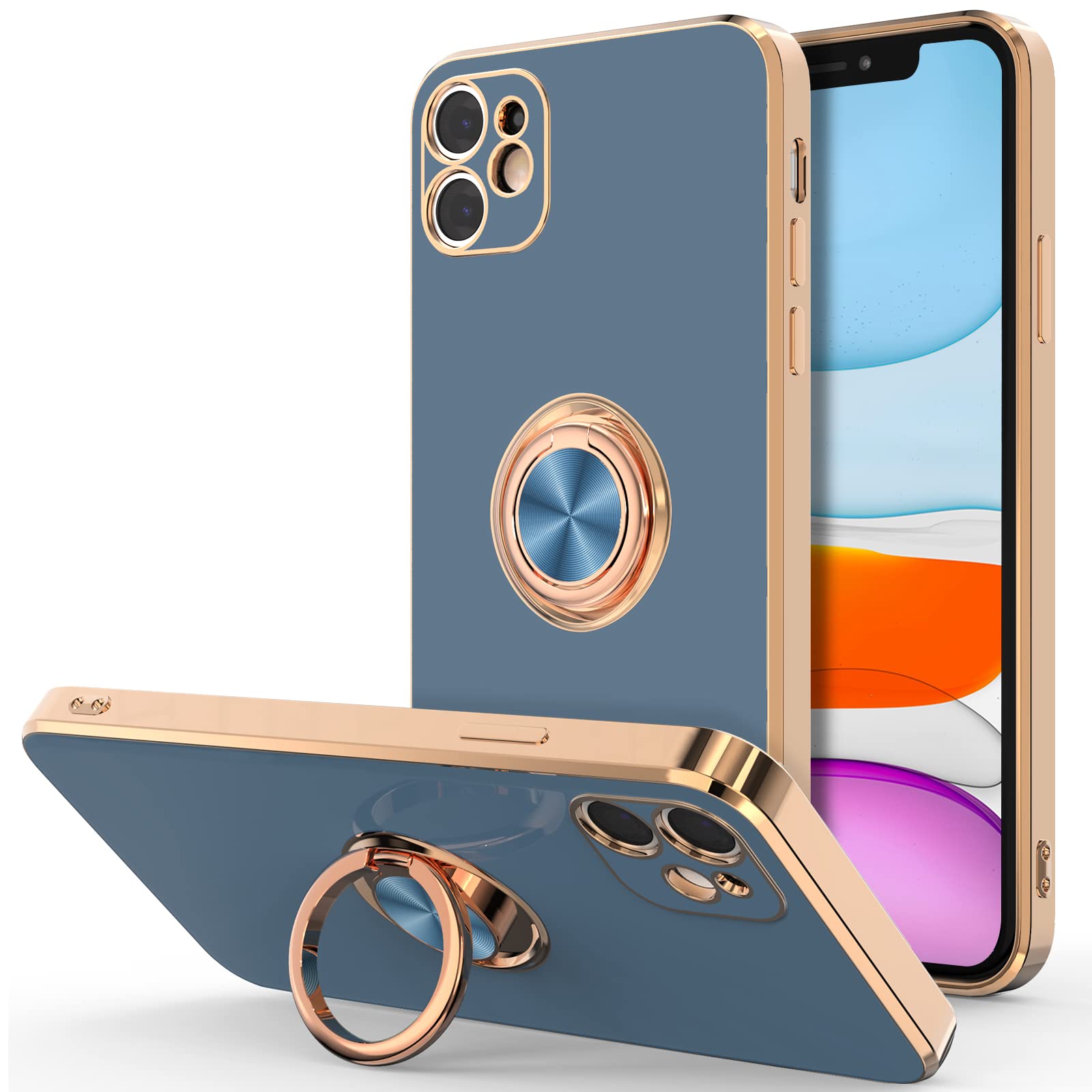 Hython Magnetic Ring Stand Case for iPhone 11 - 360° Rotatable Kickstand with Car Mount Support | Rose Gold Plated Slim TPU Cover (Gray) | Perfect for Hands-Free Viewing, Workouts & Driving