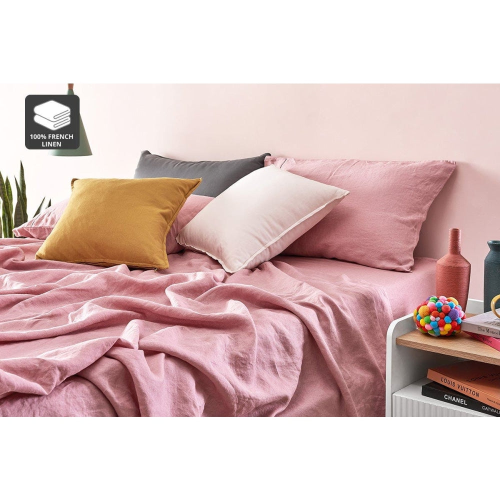 100% French Linen Bed Sheet Set - Breathable & Soft Double Size in Rose Pink | Perfect for Luxury Bedroom, Guest Room & Airbnb Stays