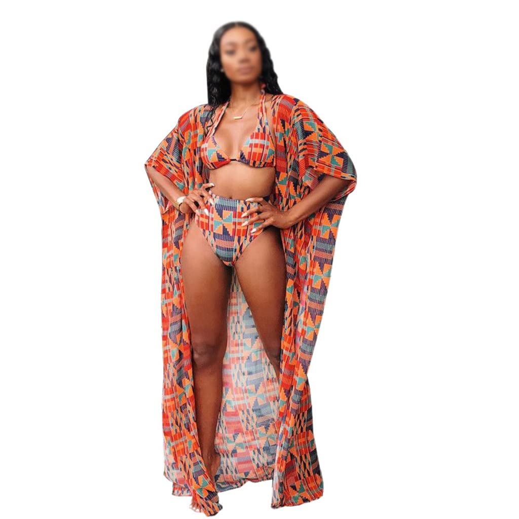 LEIGE Women's 3 Piece Swimsuit Set - Digital Print Bikini with Beach Cover Up & Kimono Cardigan - X-Large Red - Perfect for Pool Parties, Beach Vacations and Summer Getaways