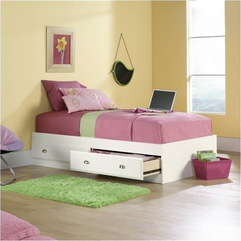 Pemberly Row Twin Size Bed Frame with 2 Drawer Storage - Classic Soft White Finish for Kids & Guest Rooms | Space-Saving Bedroom Furniture for Small Spaces