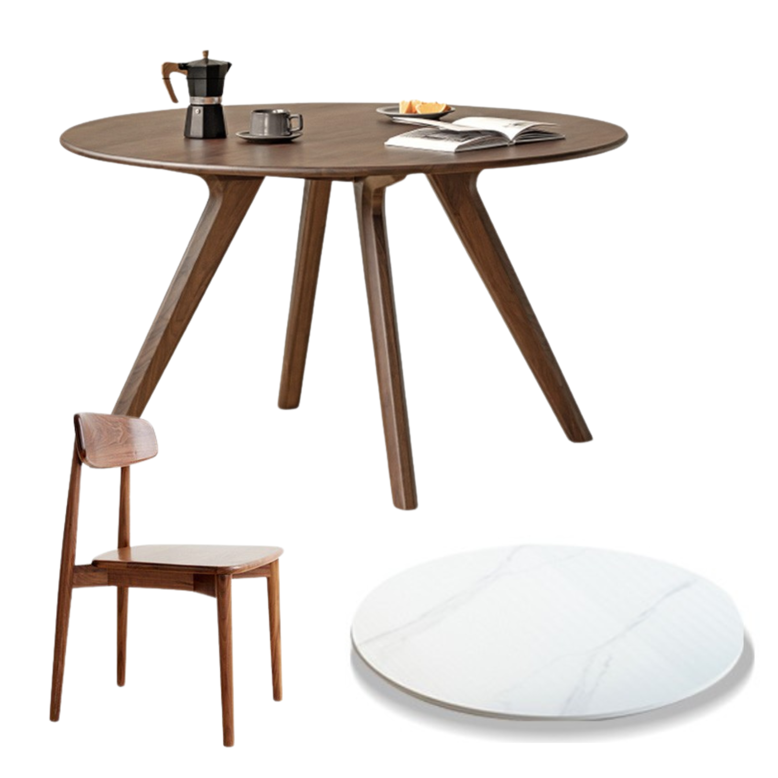 55.1x55.1x29.5 inch / 140x140x75 cm / Rich Dark Walnut Color / round table + 0.8m rock board turntable  + 4 chair