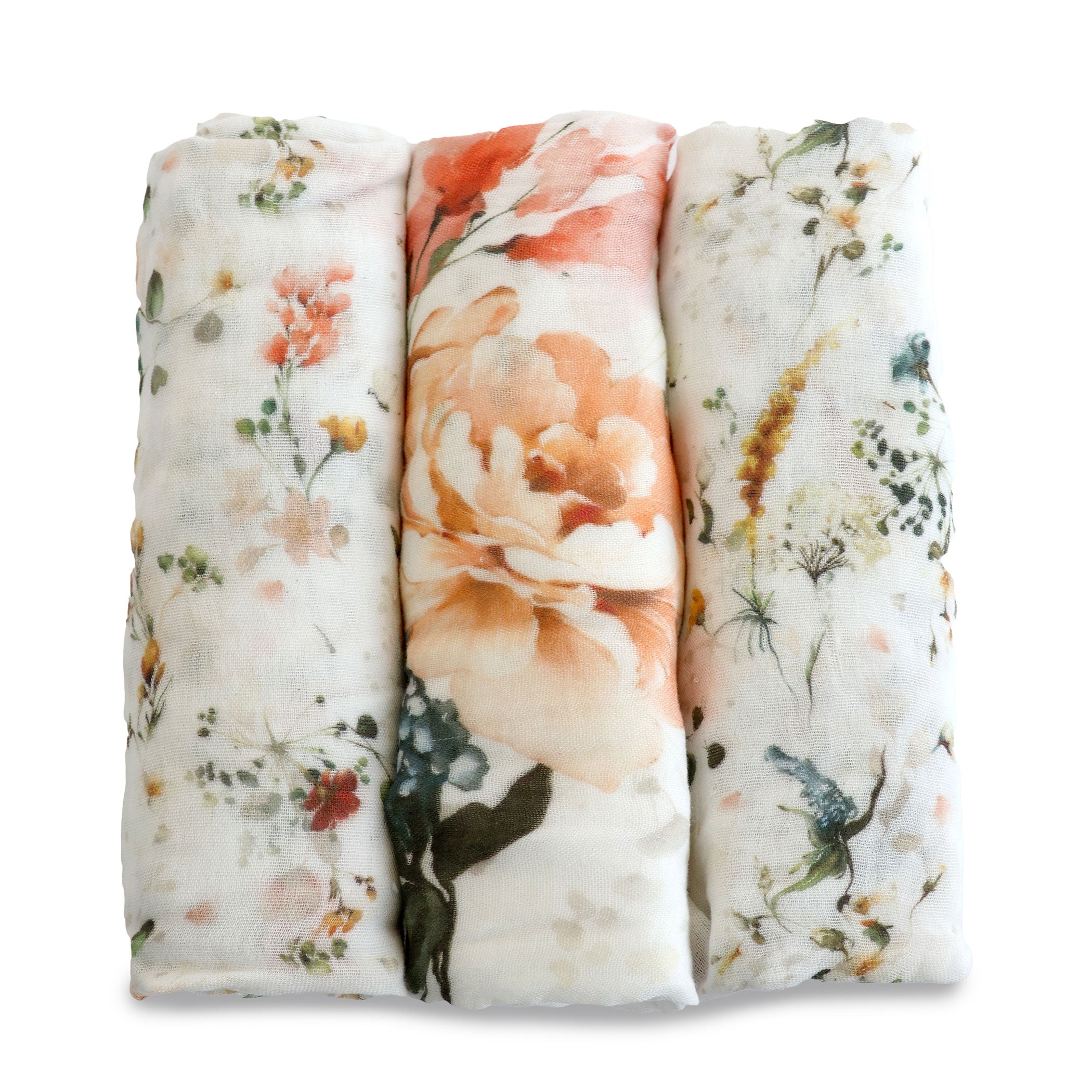 Peonies Bamboo 3-Pack Muslin Swaddle Blankets - Soft Baby Wraps for Newborns, Nursing & Photo Shoots