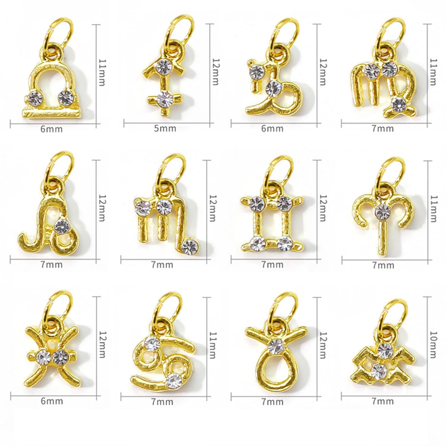 12PCS 3D Zodiac Nail Charms with Rhinestones - Luxury Metal Nail Art Gems for Valentines, Nail Necklaces & Bracelets - Includes Piercing Tool - Perfect for DIY Nail Art, Party Favors & Gift Giving
