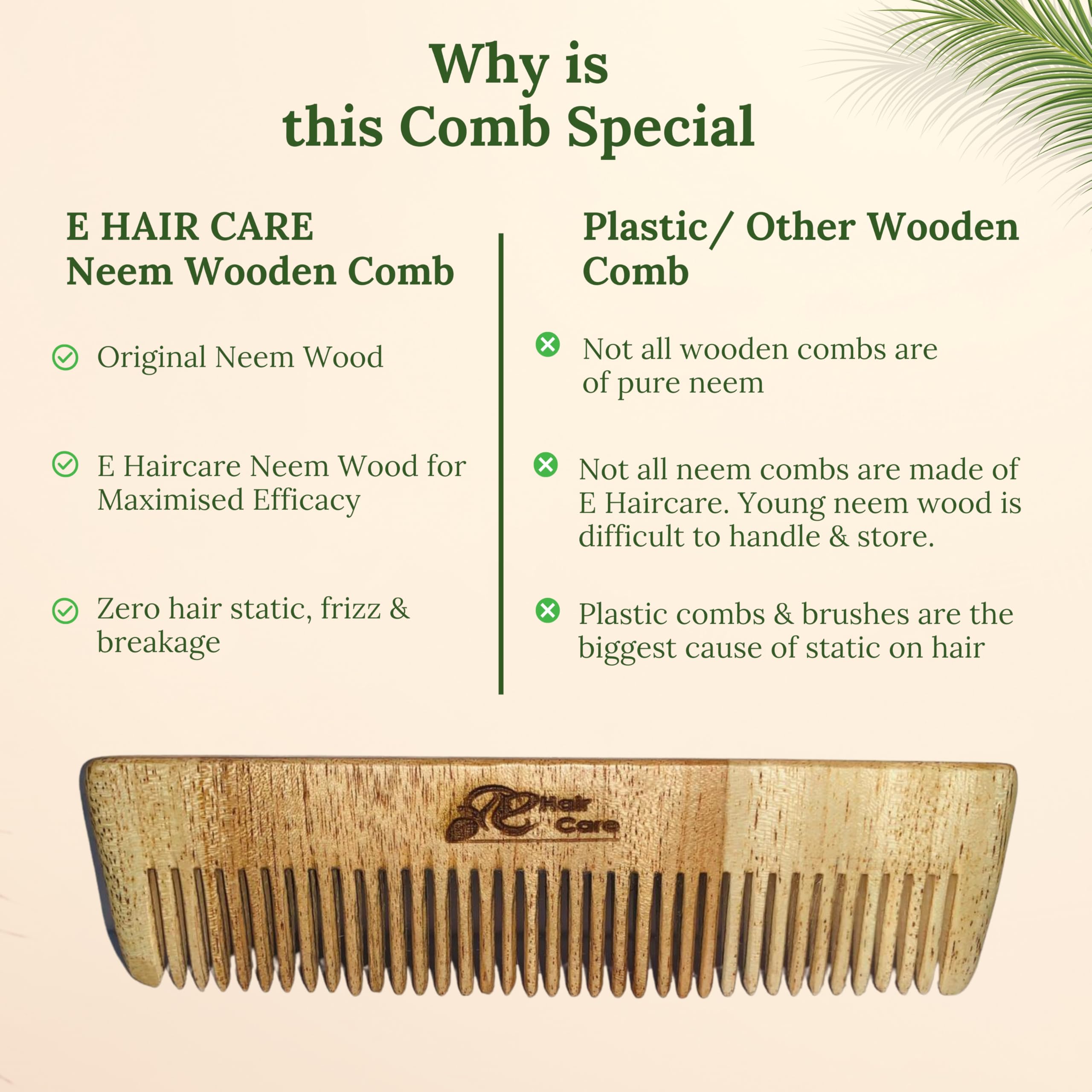 Organic Neem Wood Wide Tooth Comb for Hair Growth & Frizz Control - Detangling Comb for Long Hair - Natural Ayurvedic Hair Care for Women & Men - Perfect for Daily Use, Travel & Salon Styling