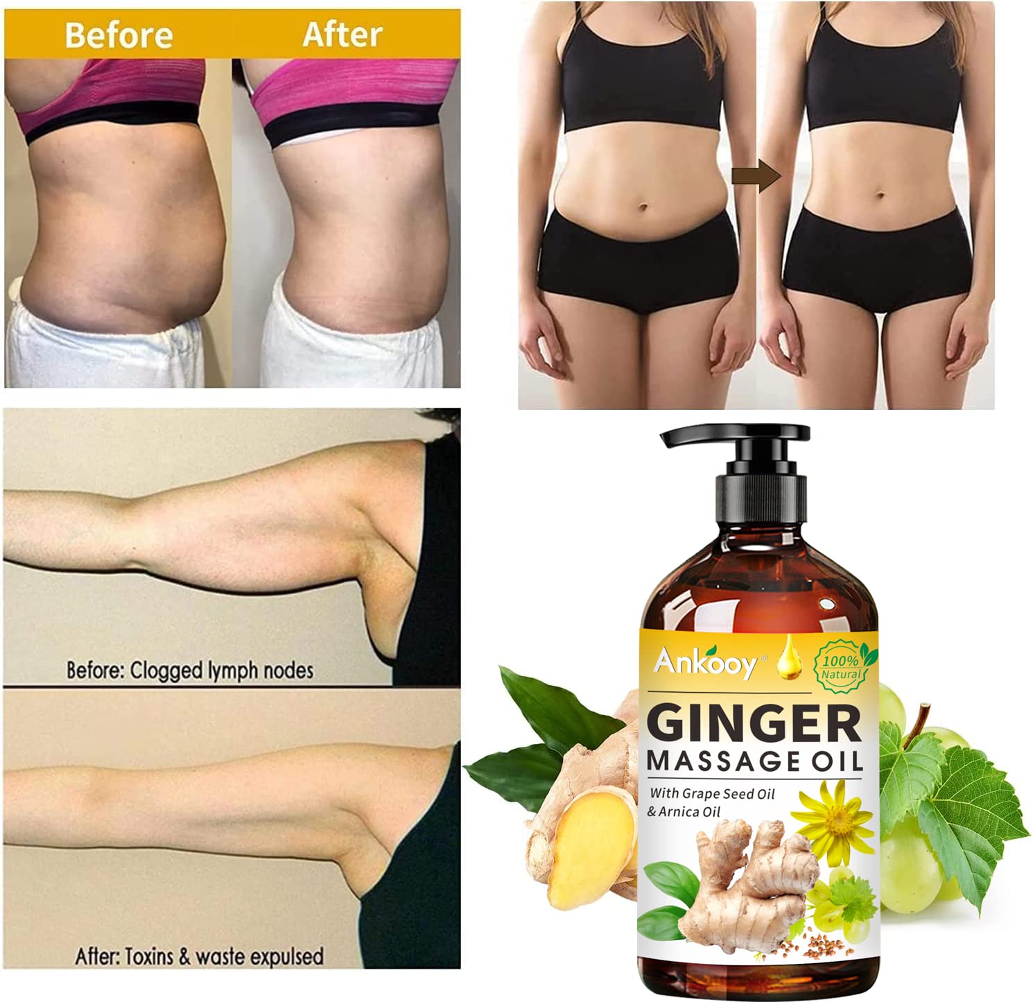 3 Pack 100% Natural Ginger Oil for Lymphatic Drainage Massage - Belly & Body Massage Oil with Arnica Extract & Vitamin E | Relaxing Aromatherapy, Post-Workout Recovery & Spa Treatment