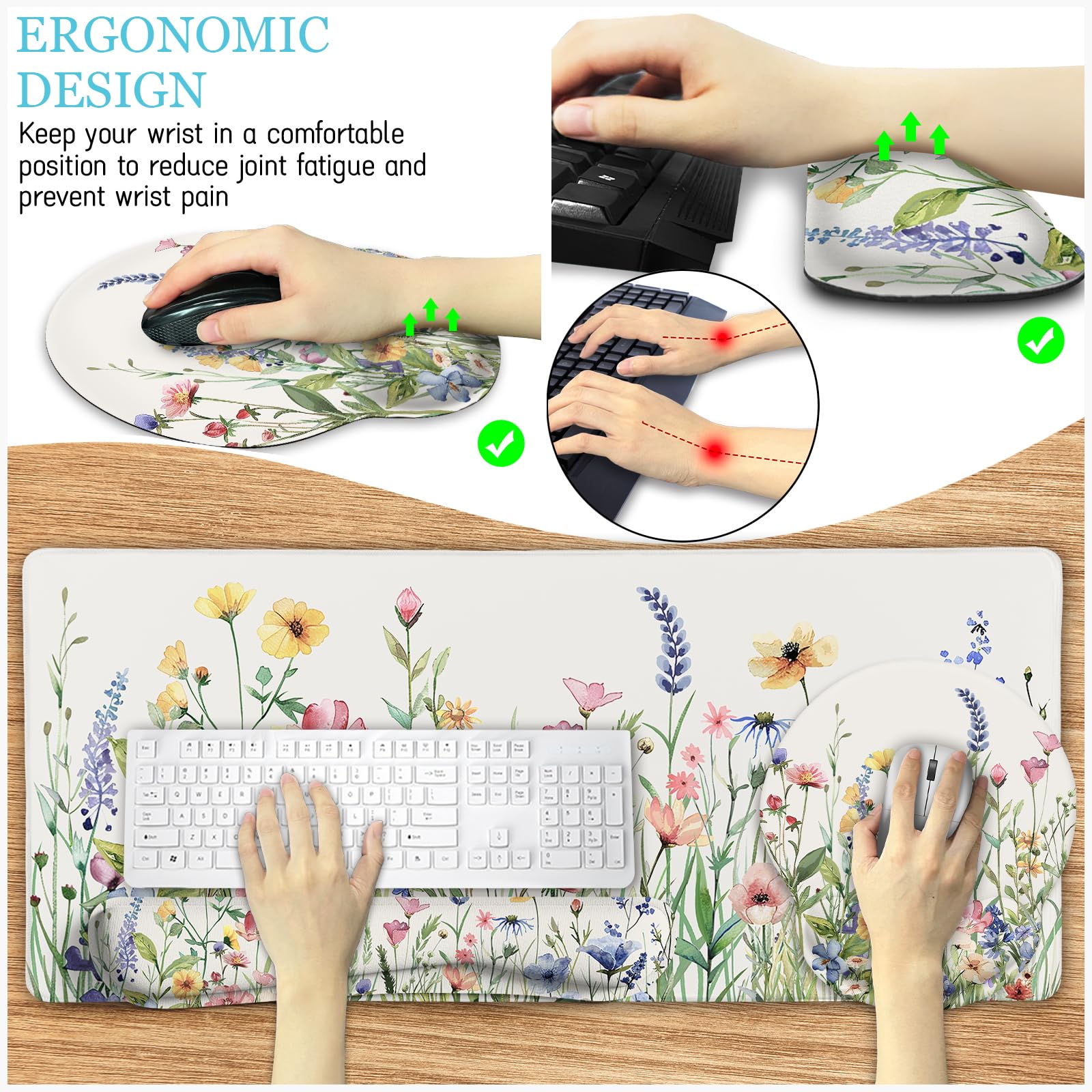 **Ergonomic Mouse Pad with Wrist Rest - Large Flower Design Desk Mat for Office & Gaming - Cute Keyboard Mat & Cup Coaster Set - Perfect for Comfortable Work & PC Gaming Setup**