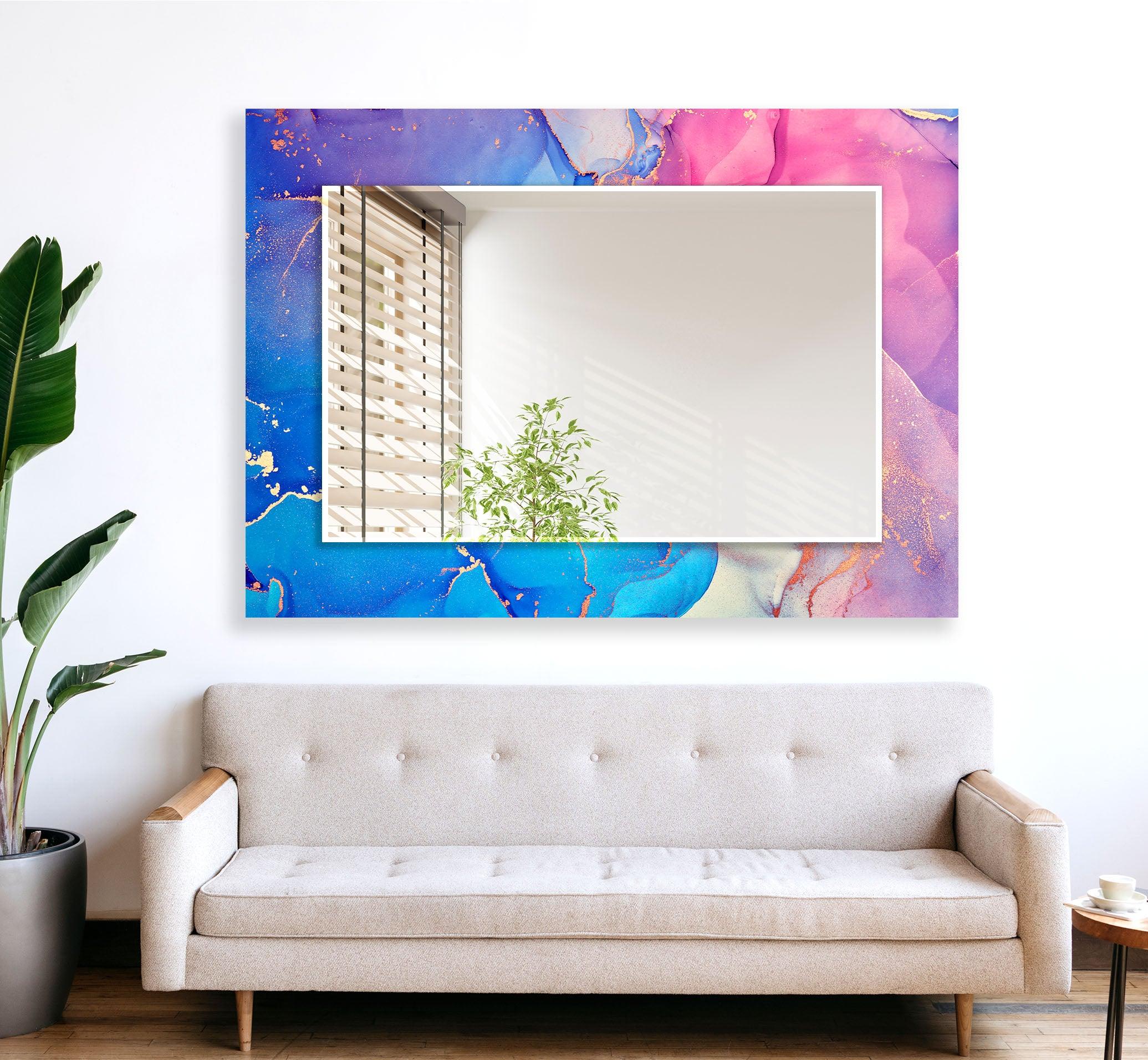 Blue Pink Marble Wall Mirror - Elegant Decorative Mirror for Bedroom, Bathroom & Living Room - Perfect for Home Decor and Selfie Background