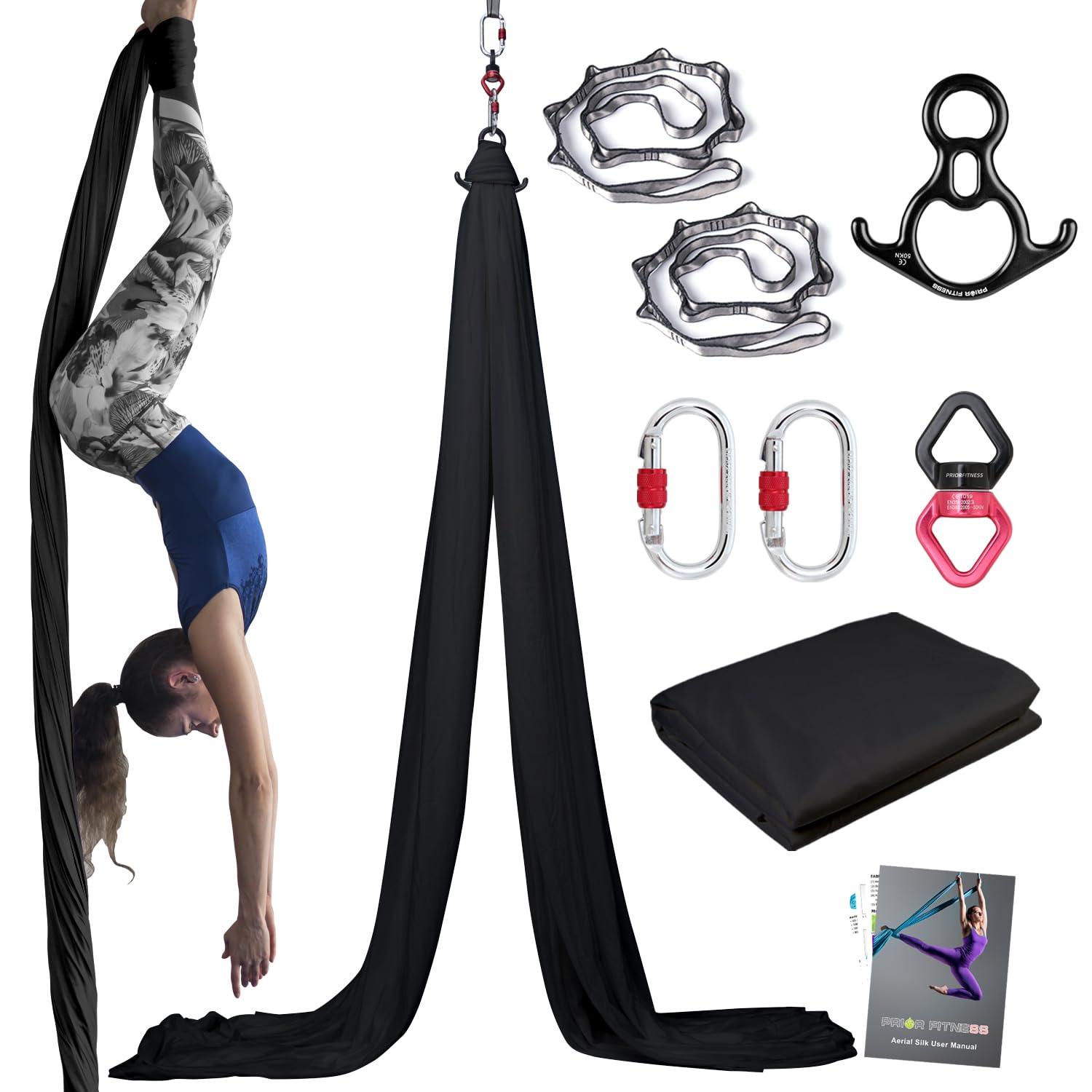 PRIOR FITNESS Aerial Yoga Silks Kit - 9/15/20 Yards 40D Nylon Fabric Hammock Set with Hardware & Instructional Guide - for Aerial Yoga, Circus Training, Dance & Fitness - Beginner to Advanced Levels - Home & Studio Use