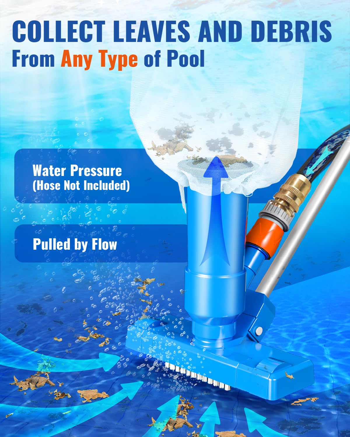 Portable Above Ground Pool Vacuum Cleaner with 3 Scrub Brushes, Mesh Bag & 47