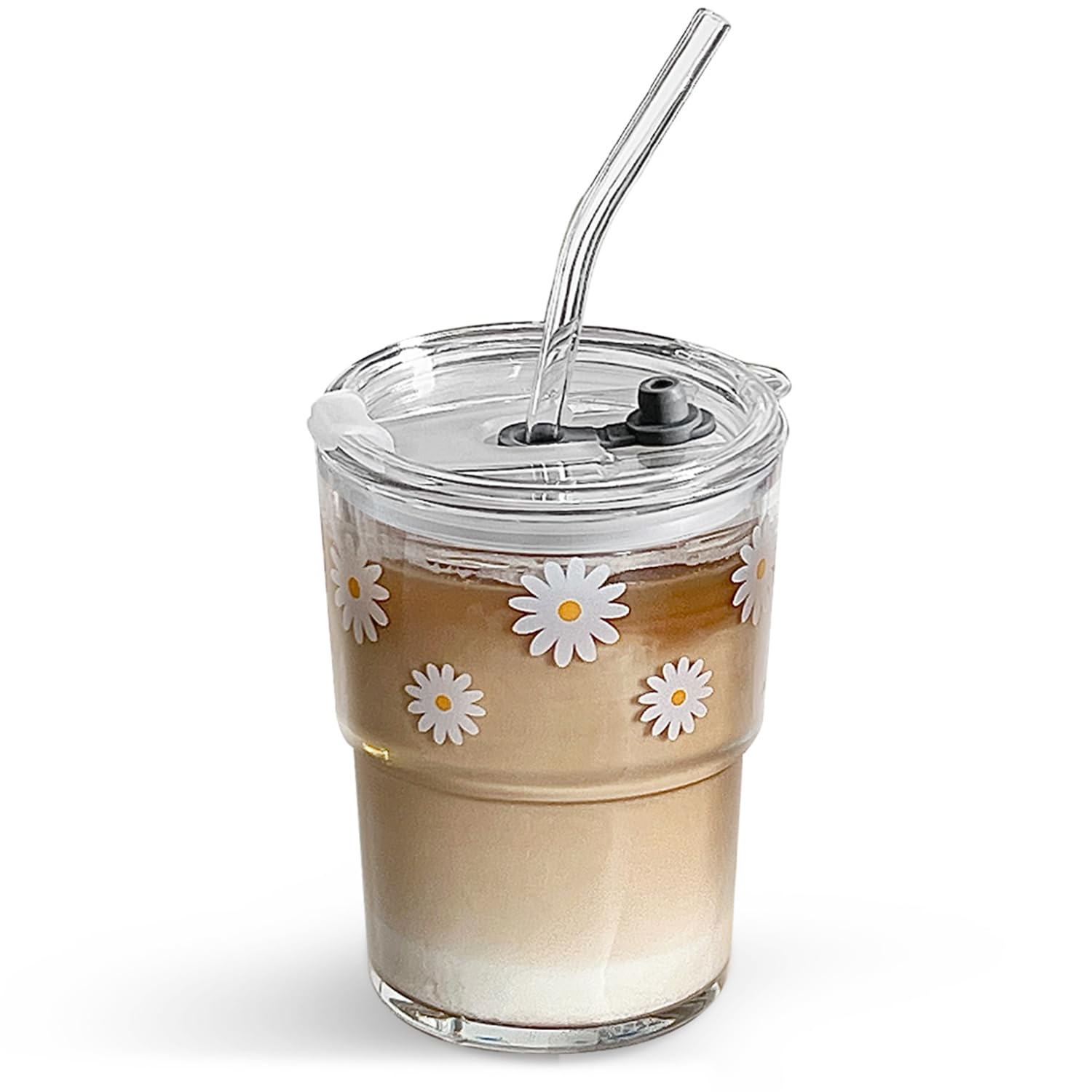 13oz Glass Tumbler with Straw and Lid - Reusable Iced Coffee Cup, Cute Travel Mug for Matcha, Water & Cold Drinks - BPA Free Insulated Glass Cup with Daisy Design - Perfect for Office, Gym, Camping & Daily Use