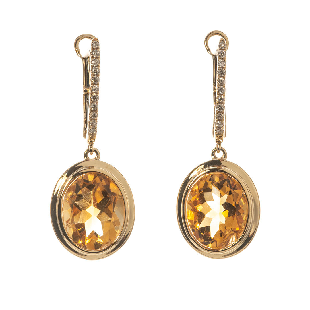 18K Yellow Gold Oval Citrine & Diamond Pavé Drop Earrings for Women - Elegant Dangling Jewelry for Parties, Weddings & Special Occasions