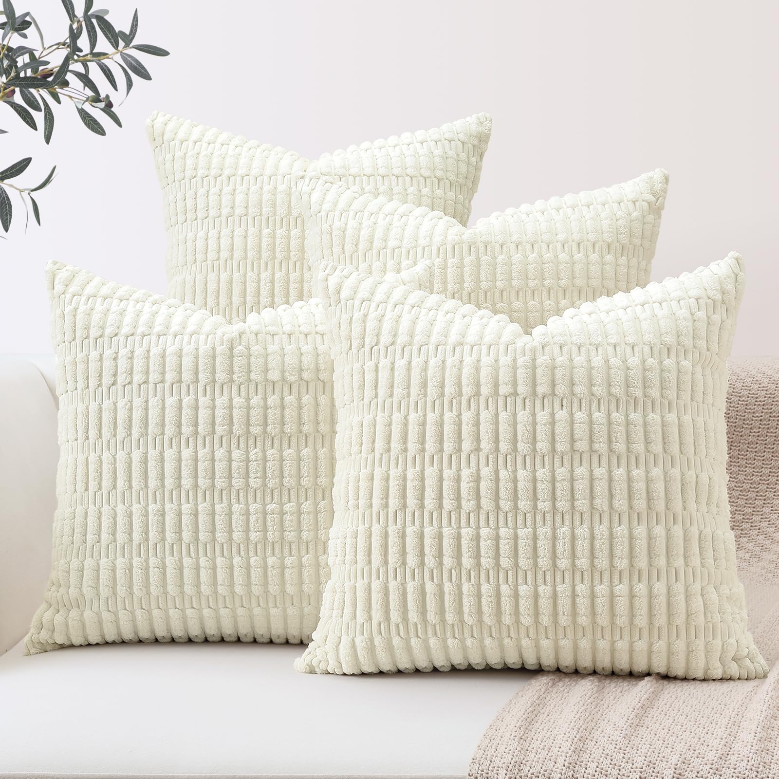OTOSTAR Set of 4 Soft Corduroy Decorative Throw Pillow Covers 18x18 Inch (45x45cm) - Striped Square Boho Pillowcases for Sofa, Bedroom, Living Room, Patio & Farmhouse Decor - Cream White - Cozy Home Accent for Relaxation & Stylish Interior Design