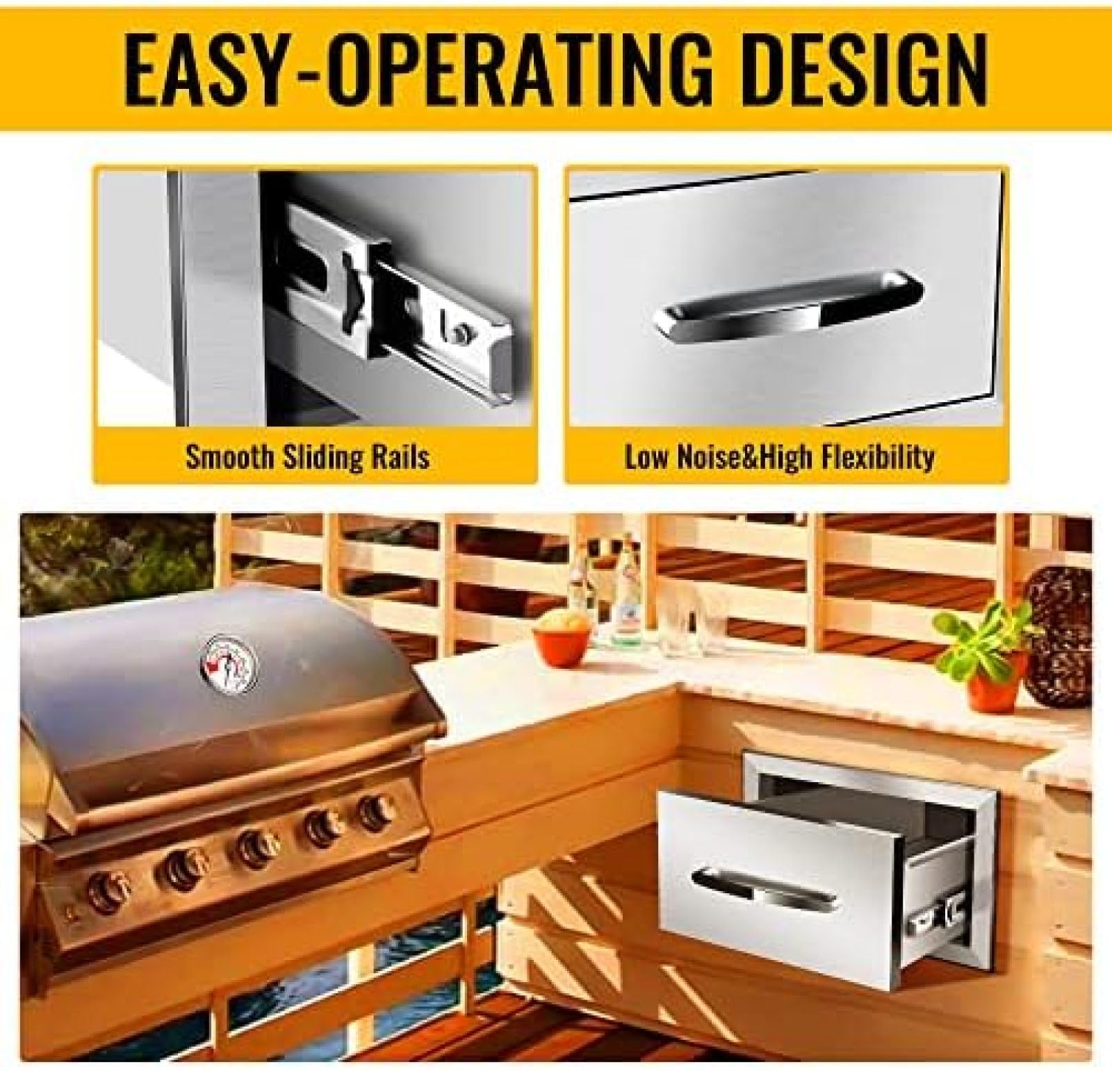 Stainless Steel Double Drawers for Outdoor Kitchen - 14W x 23D x 8.5H Horizontal BBQ Accessory Drawers - Perfect for Grilling Stations & BBQ Islands - Durable Outdoor Cooking Storage Solution