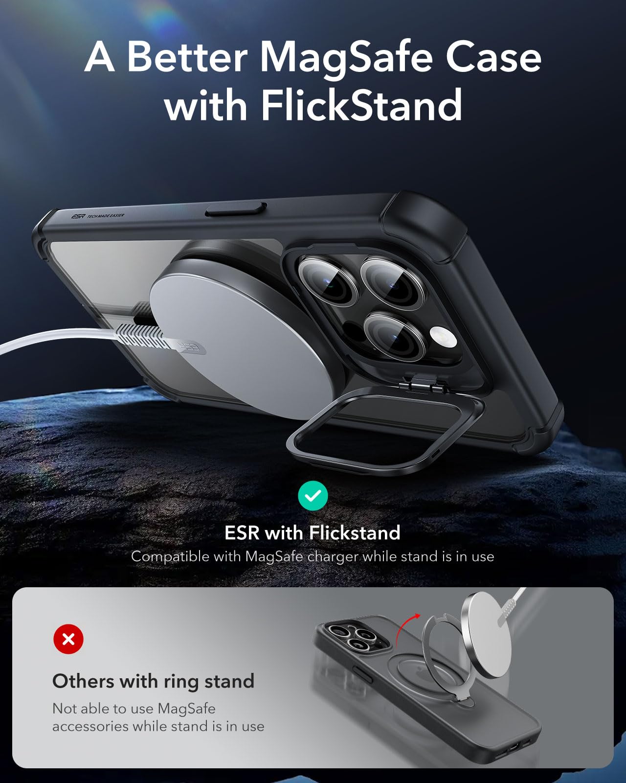 ESR Armor Series Magnetic Shockproof Case for iPhone 15 Pro - Full Body Protection with Built-in Stash Stand & Lens Protectors | Magsafe Compatible Clear Black Phone Cover for Work, Travel & Outdoor Activities
