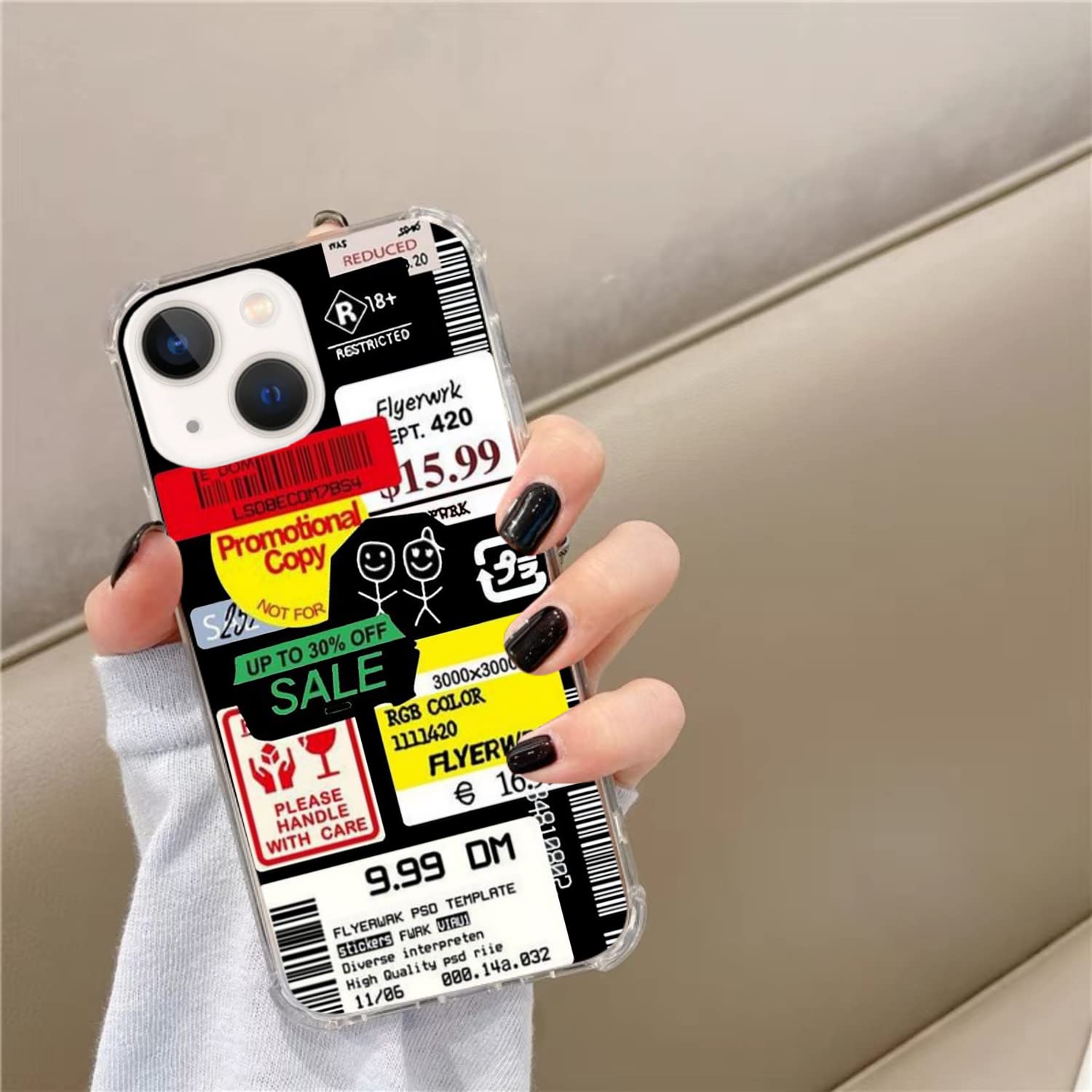Trendy Label Stickers Design TPU Bumper Phone Case for iPhone 13 - Cool Collage Protective Cover Compatible with iPhone 13 for Women, Men, Girls & Boys - Perfect for School, Work, Travel & Everyday Use