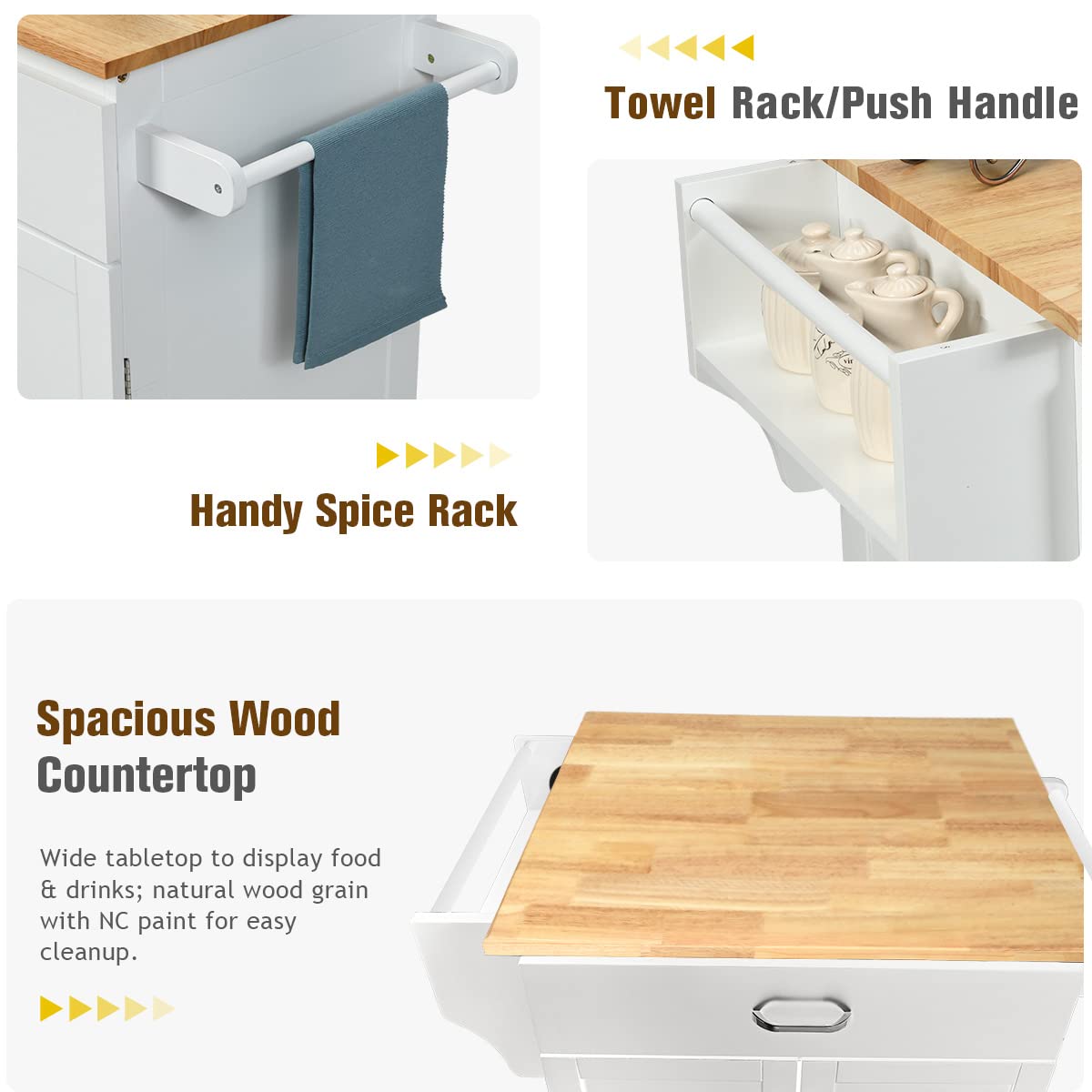 PETSITE Kitchen Island Cart with Wheels - Rolling Mobile Kitchen Storage Cabinet with Drawers, Spice Rack & Towel Rack - Perfect for Small Kitchens, Apartments & Food Prep Stations