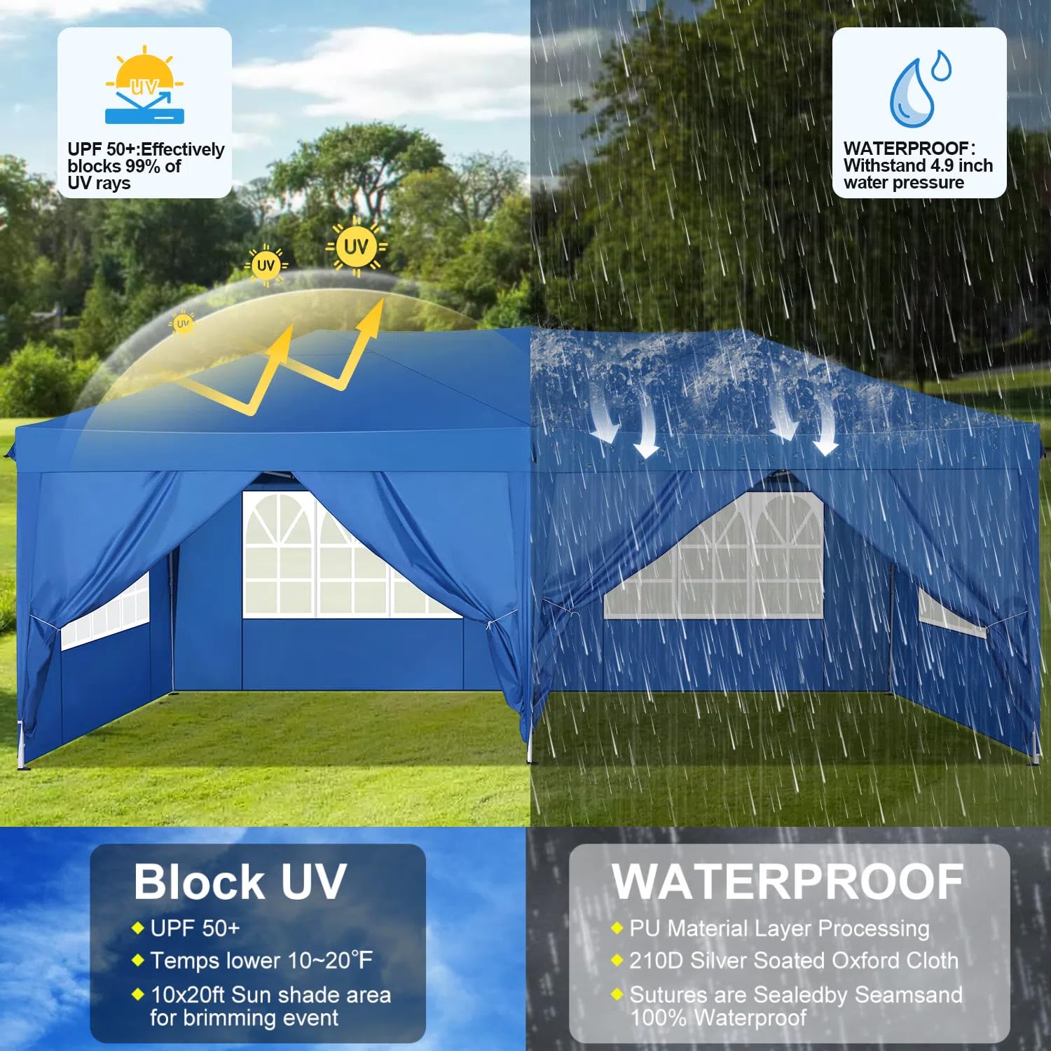 COBIZI 10x20 Pop Up Canopy Tent with 6 Sidewalls - Waterproof Outdoor Event Shelter, Instant Gazebo Sun Shade for Parties, Beach, Camping & Commercial Use | Portable Blue 10x20 Canopy Tent | Perfect for Backyard BBQs, Farmers Markets & Tailgating