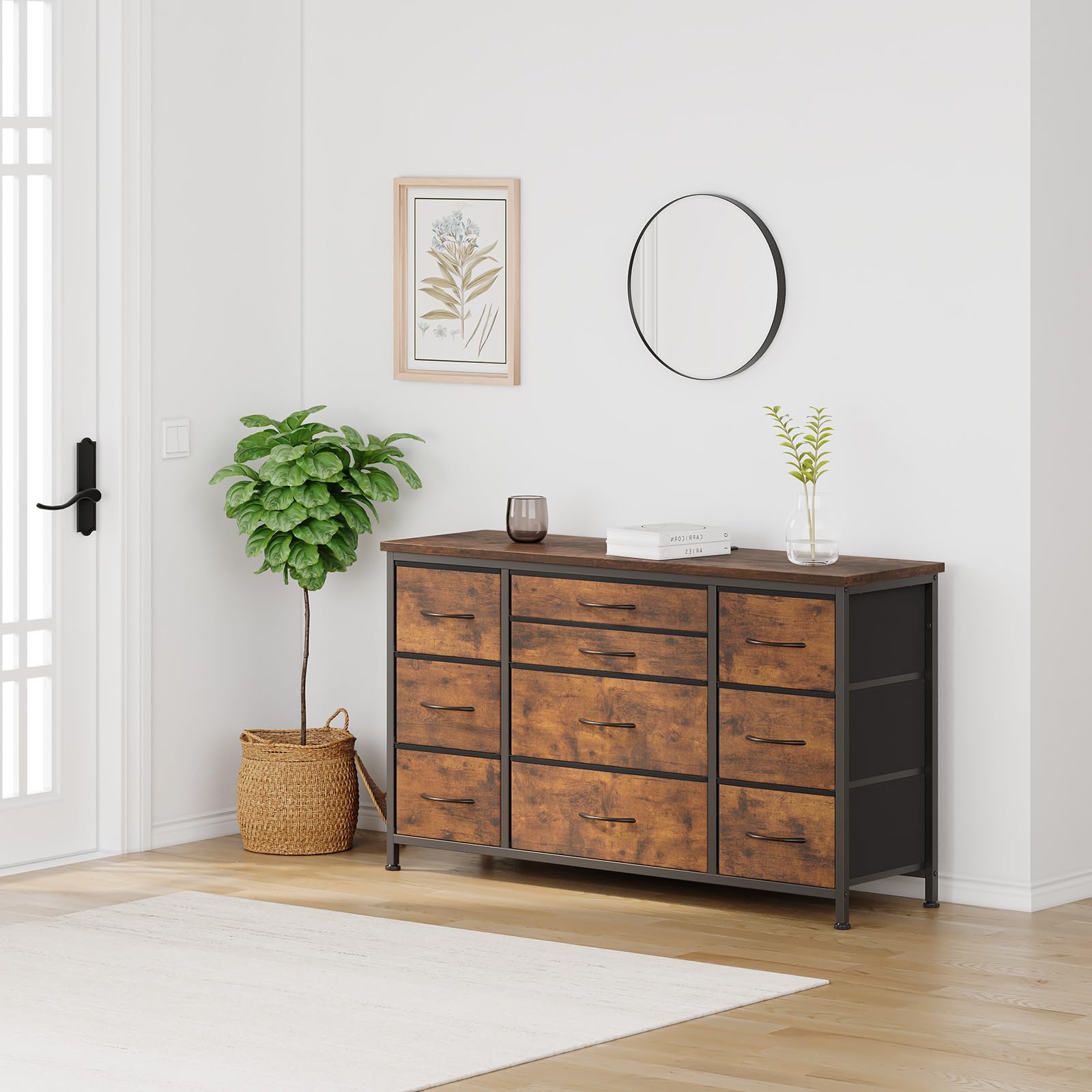 Jojoka 10-Drawer Wide Dresser with Power Outlet - 55 Inch TV Stand & Entertainment Center, Rustic Brown Storage Cabinet with Sturdy Metal Frame for Bedroom, Closet, Entryway - Perfect for Organizing Clothes, Electronics & Home Decor