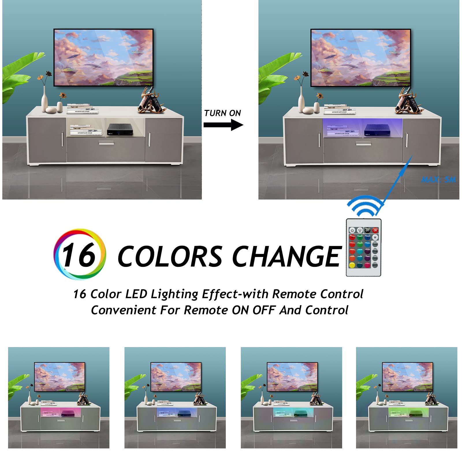 Modern LED TV Stand with Storage - 65 Inch High Gloss Entertainment Center, Quick Assembly in 20 Minutes - Perfect for Living Room, Bedroom or Lounge (Grey) | Stylish Media Console for Home Theater Setup & Family Entertainment