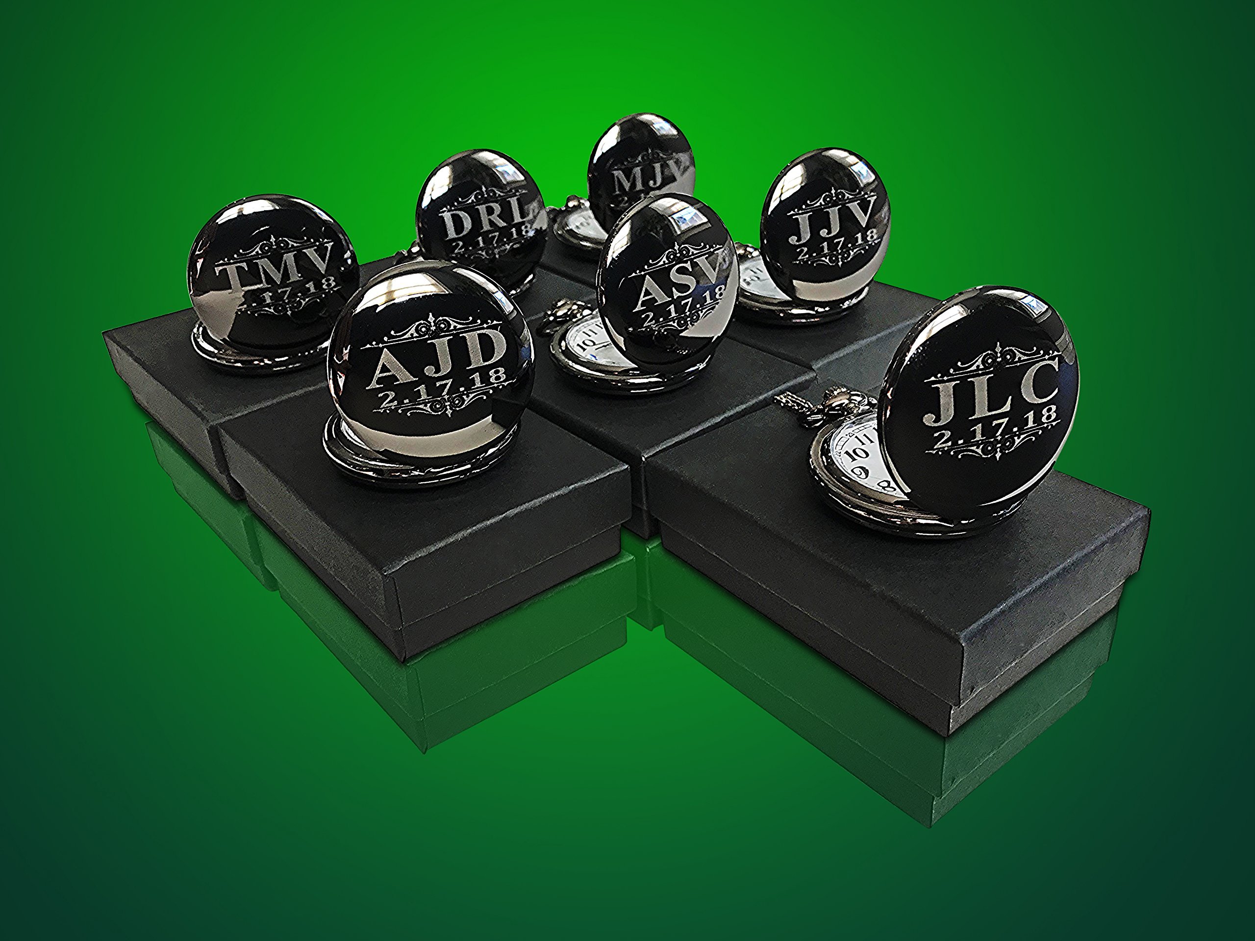 7 Silver Engraved Pocket Watches Set with Gift Boxes & Chains - Perfect for Gifts, Collectibles, and Vintage Style Accessories