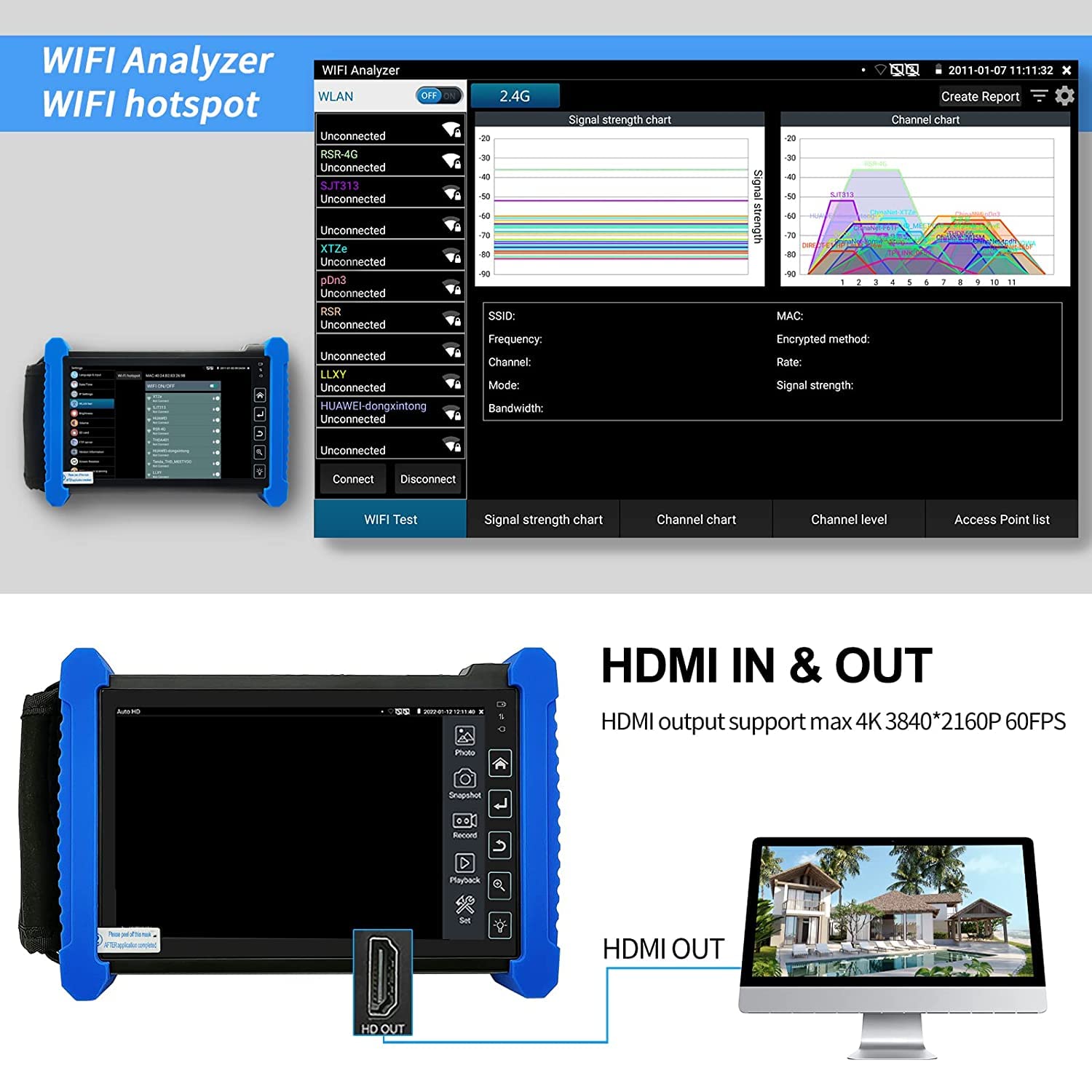 Rsrteng IPC-7600C Plus CCTV Camera Tester with Cable Tracer WT255 - 4K/8MP/8K/32MP Resolution, 7