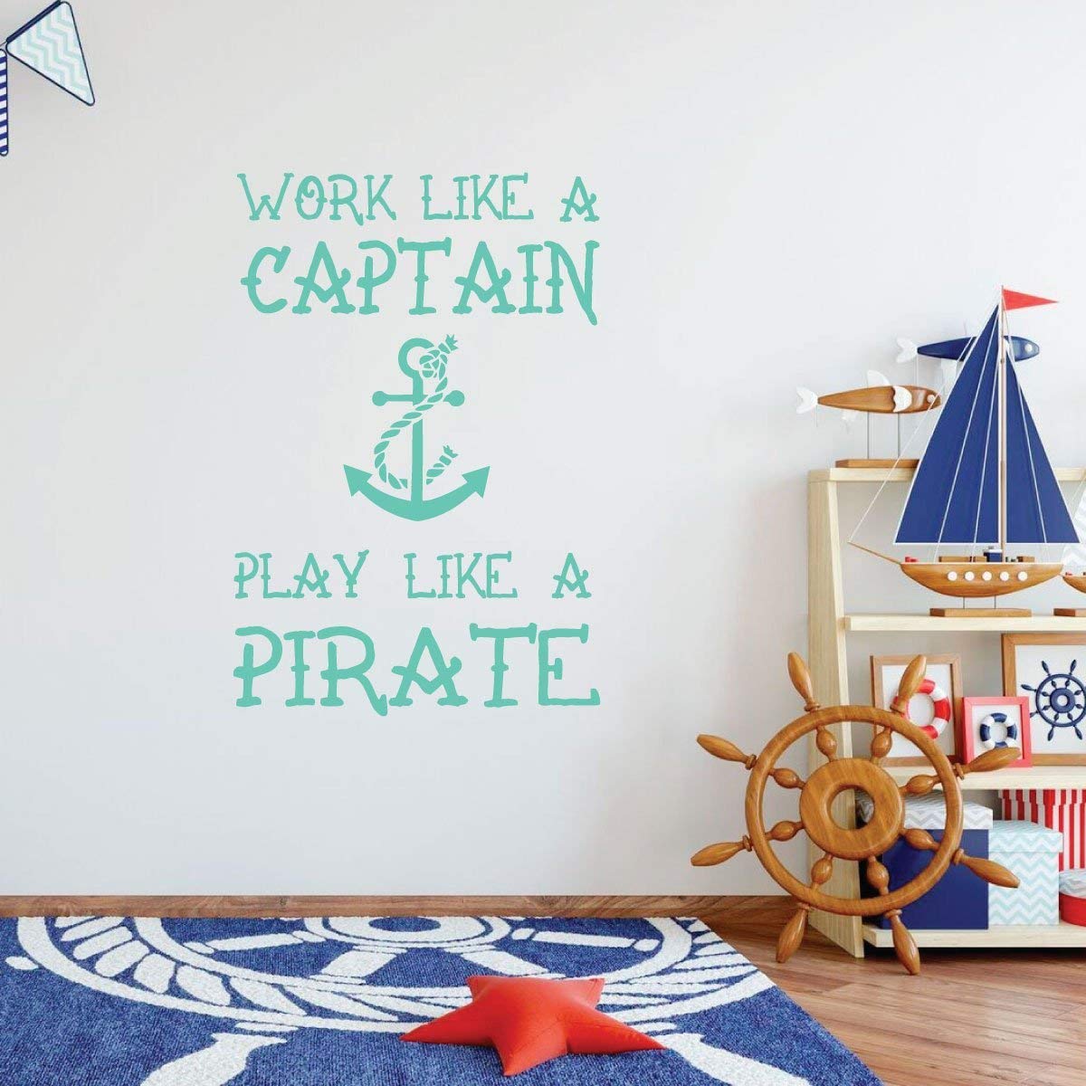 Playroom Wall Decal - Work Like A Captain Play Like A Pirate - Removable Vinyl Wall Art for Kids' Bedroom, Nursery & Children's Room Decor - Perfect for Pirate Themed Birthday Parties & Nursery Wall Stickers