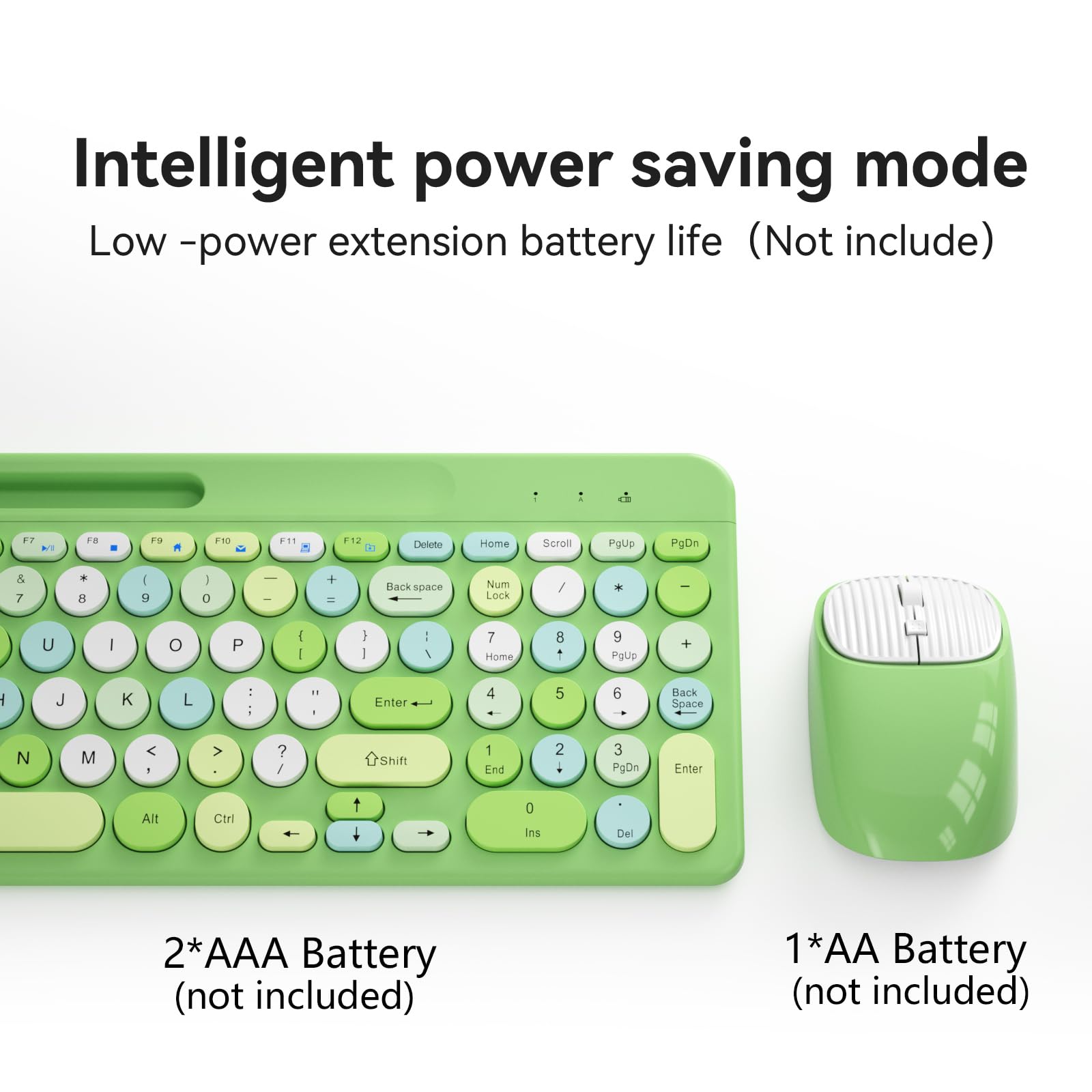 Retro Wireless Keyboard and Mouse Combo with Round Keycaps, 2.4GHz Full-Size USB Cute Green-Colorful Set for Computer, Desktop, Laptop, Home Office, and Gaming
