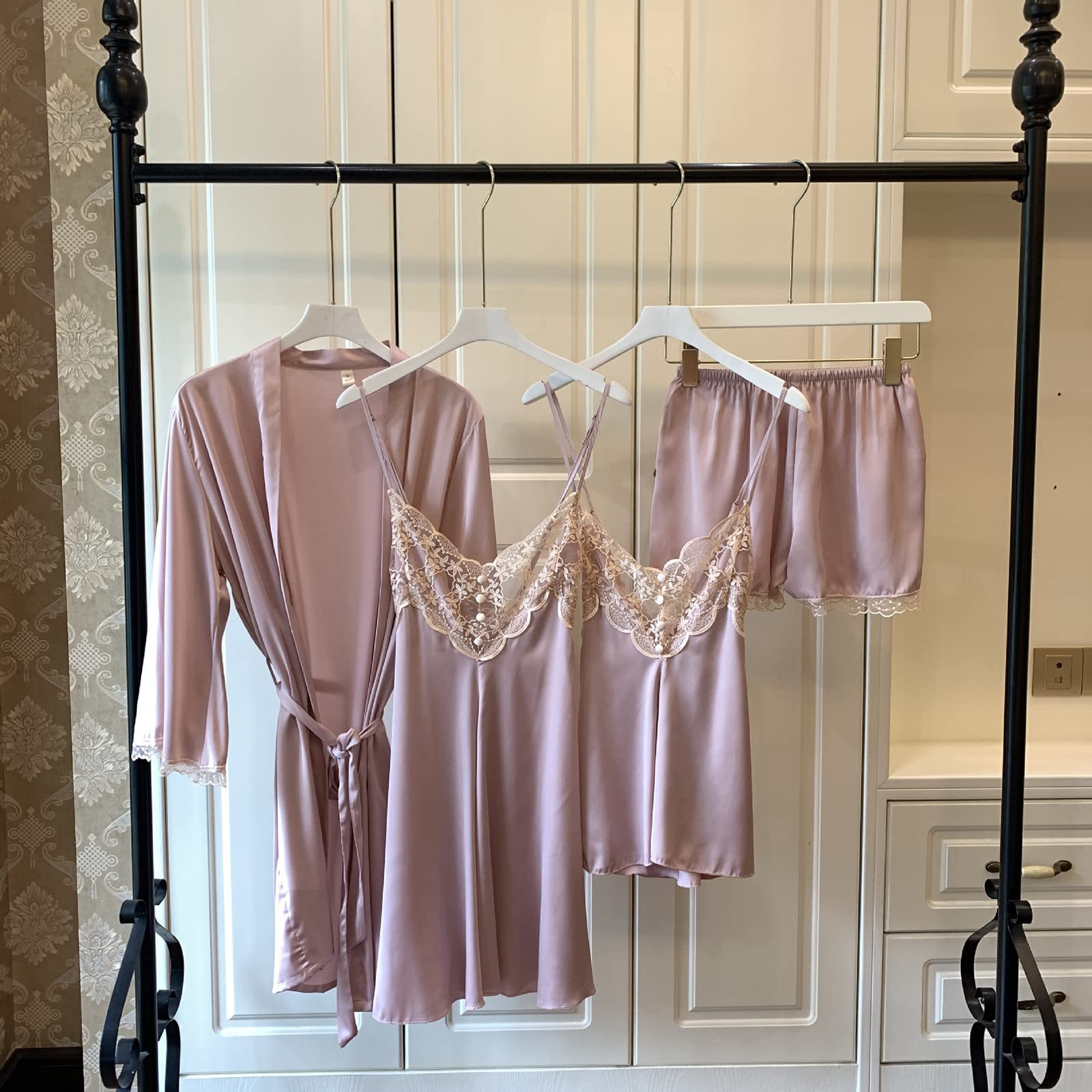 Luxury Women's Silk Satin Pajama Set - 4 Piece Lace Trim Sleepwear with Adjustable Camisole & Shorts - Summer Nightgown & Robe for Home Relaxation (Pink, Medium) | Perfect for Bridal Shower, Honeymoon, Anniversary Gift & Spa Retreat