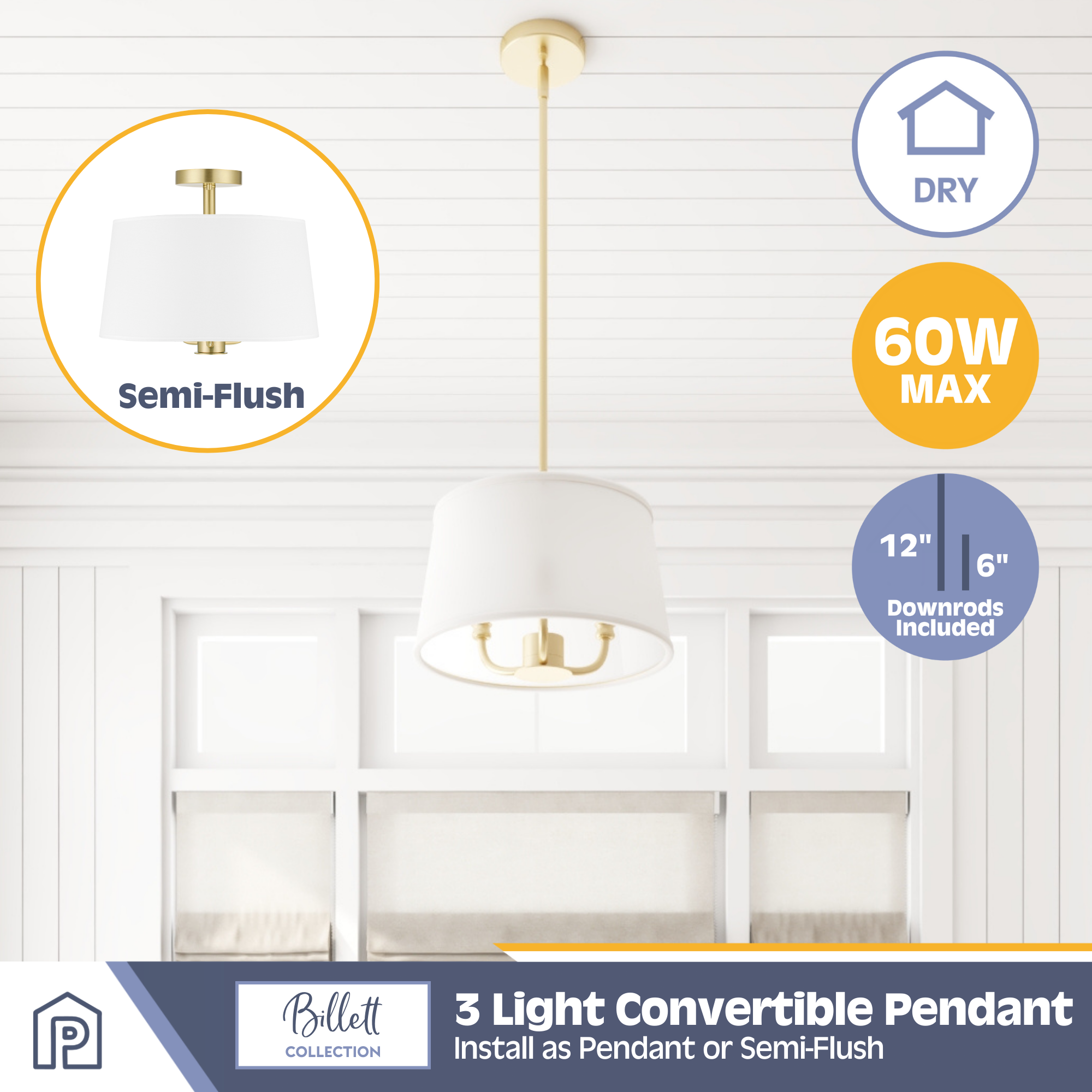 3-Light Billet Convertible Pendant/Semi-Flush Mount Ceiling Light - Brushed Gold Finish with Fabric Shades - Perfect for Dining Room, Kitchen Island, or Bedroom Lighting