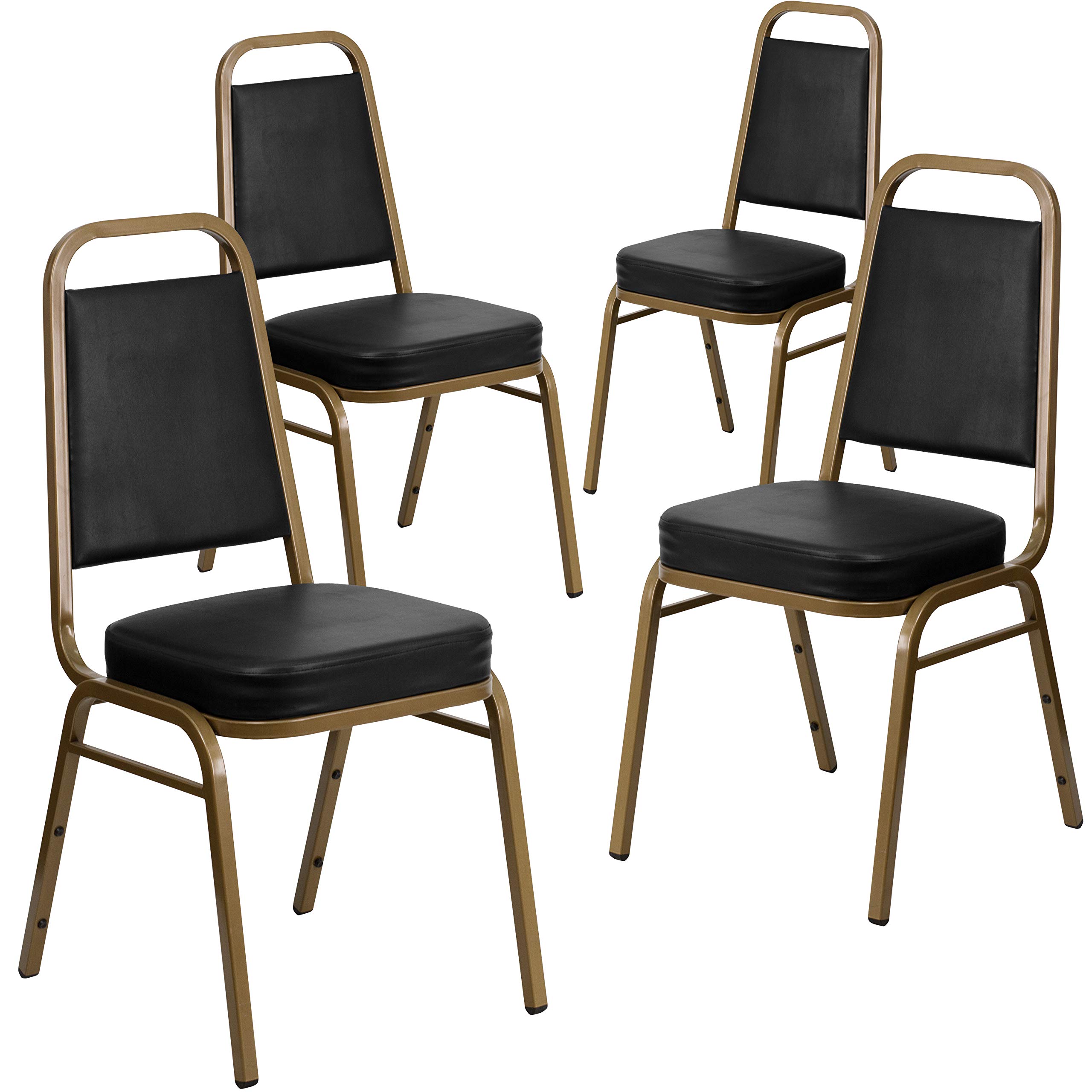 4 Pack Black Vinyl Trapezoidal Stacking Banquet Chairs with Gold Frame - Perfect for Weddings, Events, and Conference Room Seating