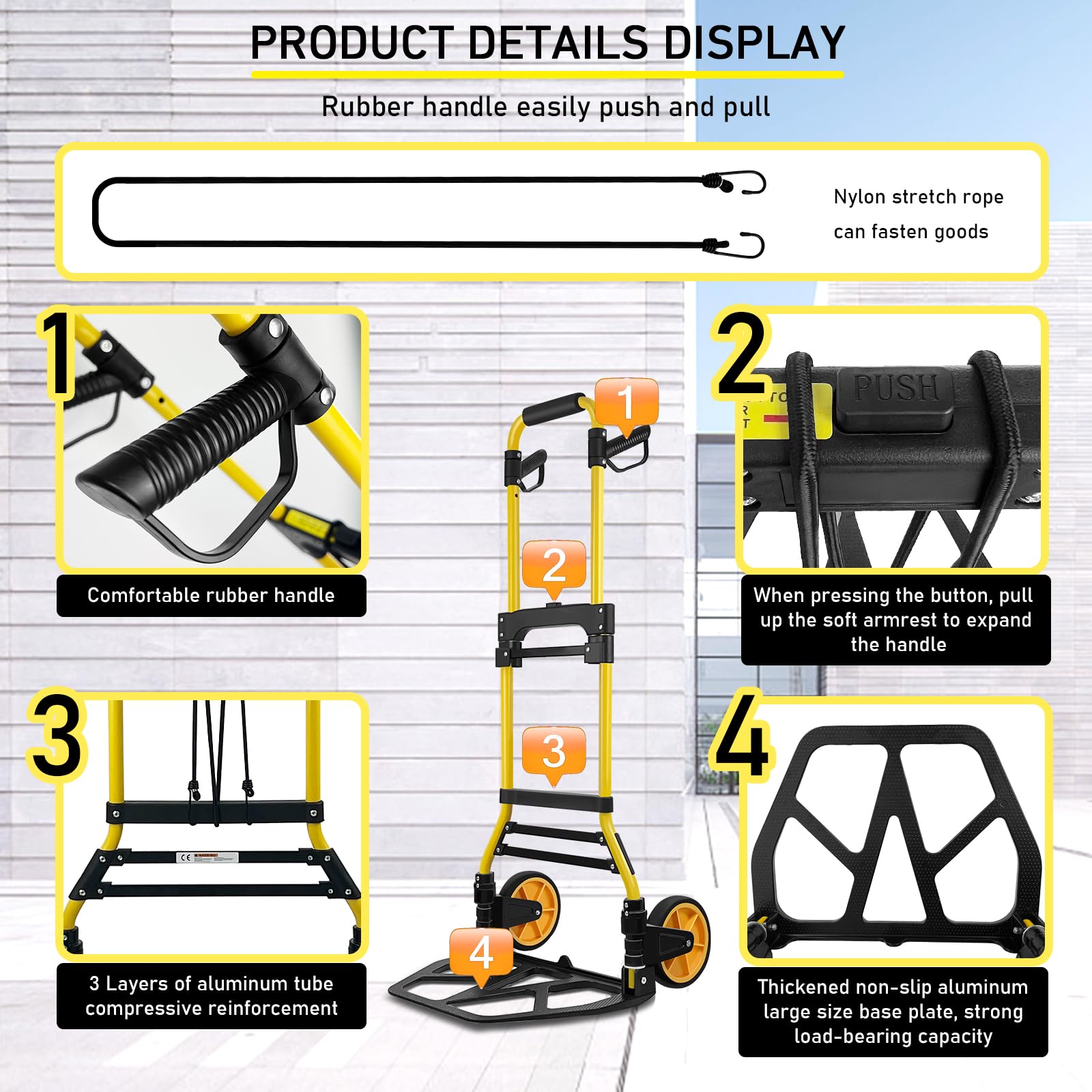 440lbs Capacity Folding Hand Truck & Dolly - Portable Aluminum Luggage Cart with Retractable Handle & Rubber Wheels | Ideal for Travel, Office, Moving, Shopping & Warehouse Transportation
