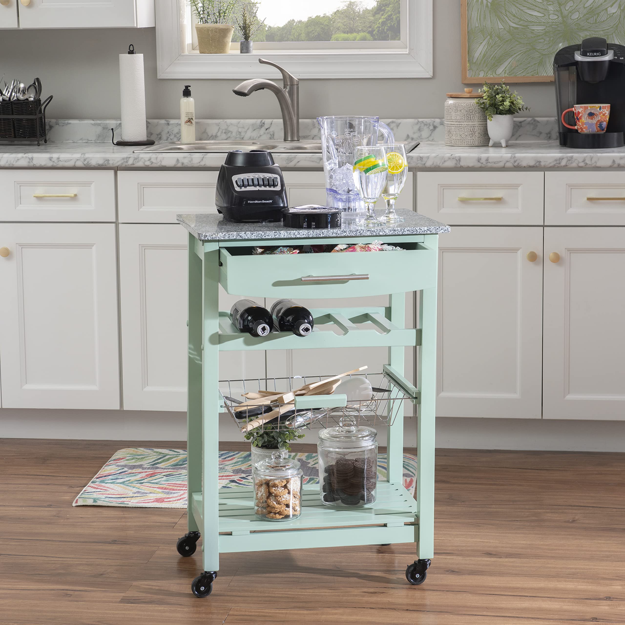 Linon Kitchen Island Cart with Storage, Green, 15.75 x 22.83 x 33.86 Inches - Mobile Kitchen Organizer for Small Spaces, Prep Station & Extra Countertop Storage