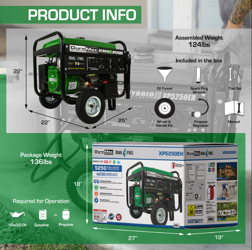 DuroMax XP5250EH 4200W/5250W Dual Fuel Portable Generator with Electric Start - Perfect for Home Backup Power, Camping & Emergency Use