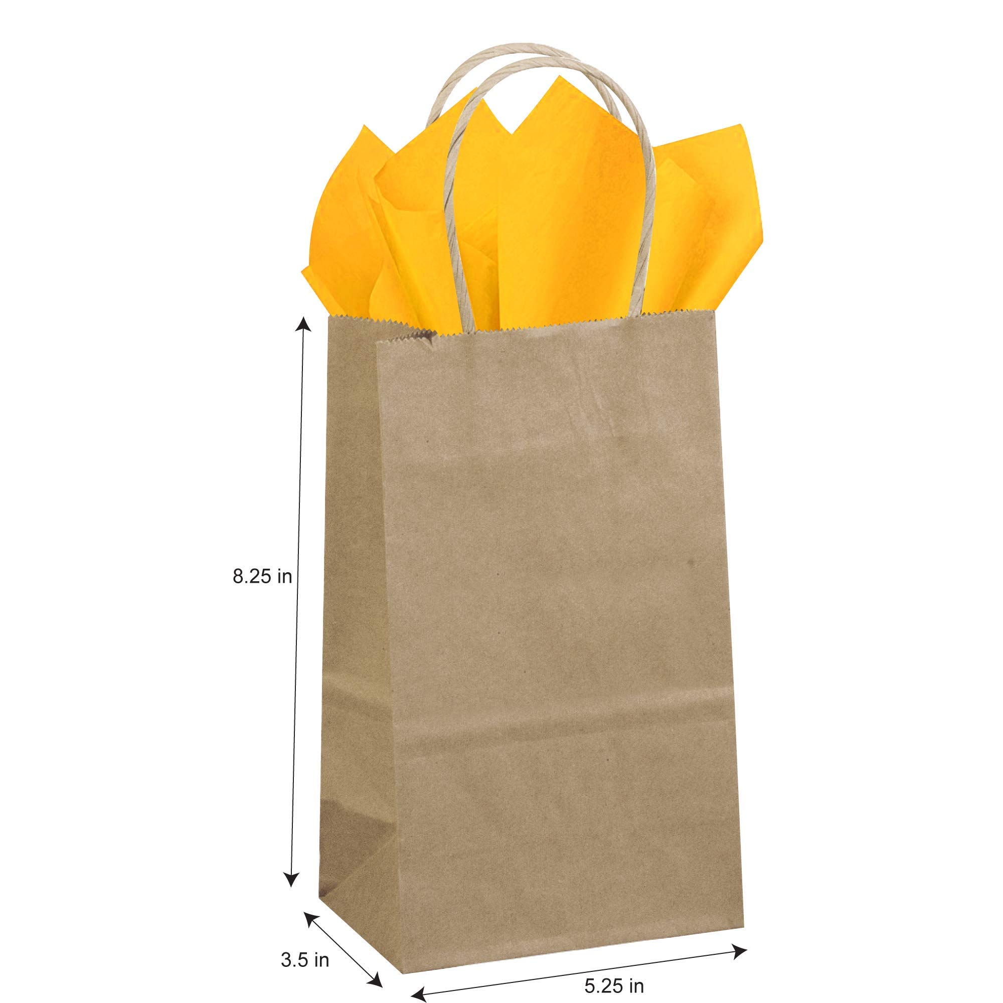 Flexicore Packaging® 50-Pack Natural Brown Kraft Paper Gift Bags with 100 Sheets Goldenrod Yellow Tissue Paper - Eco-Friendly Party Favor Bags for Weddings, Birthdays & Holiday Gifts