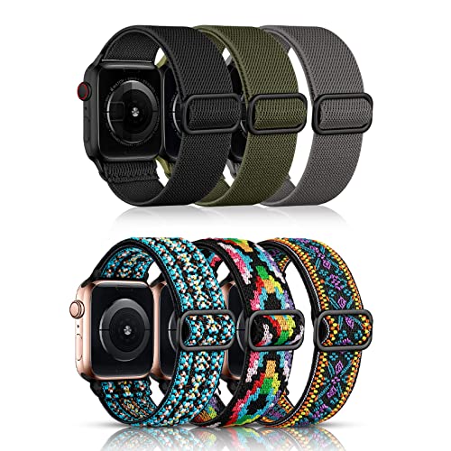 6 Pack Stretchy Solo Loop Bands for Apple Watch 38mm 40mm 41mm 42mm 44mm 45mm - Adjustable Braided Sport Elastic Straps Compatible with iWatch Series SE 1 2 3 4 5 6 7 - Perfect for Workouts, Running & Everyday Wear