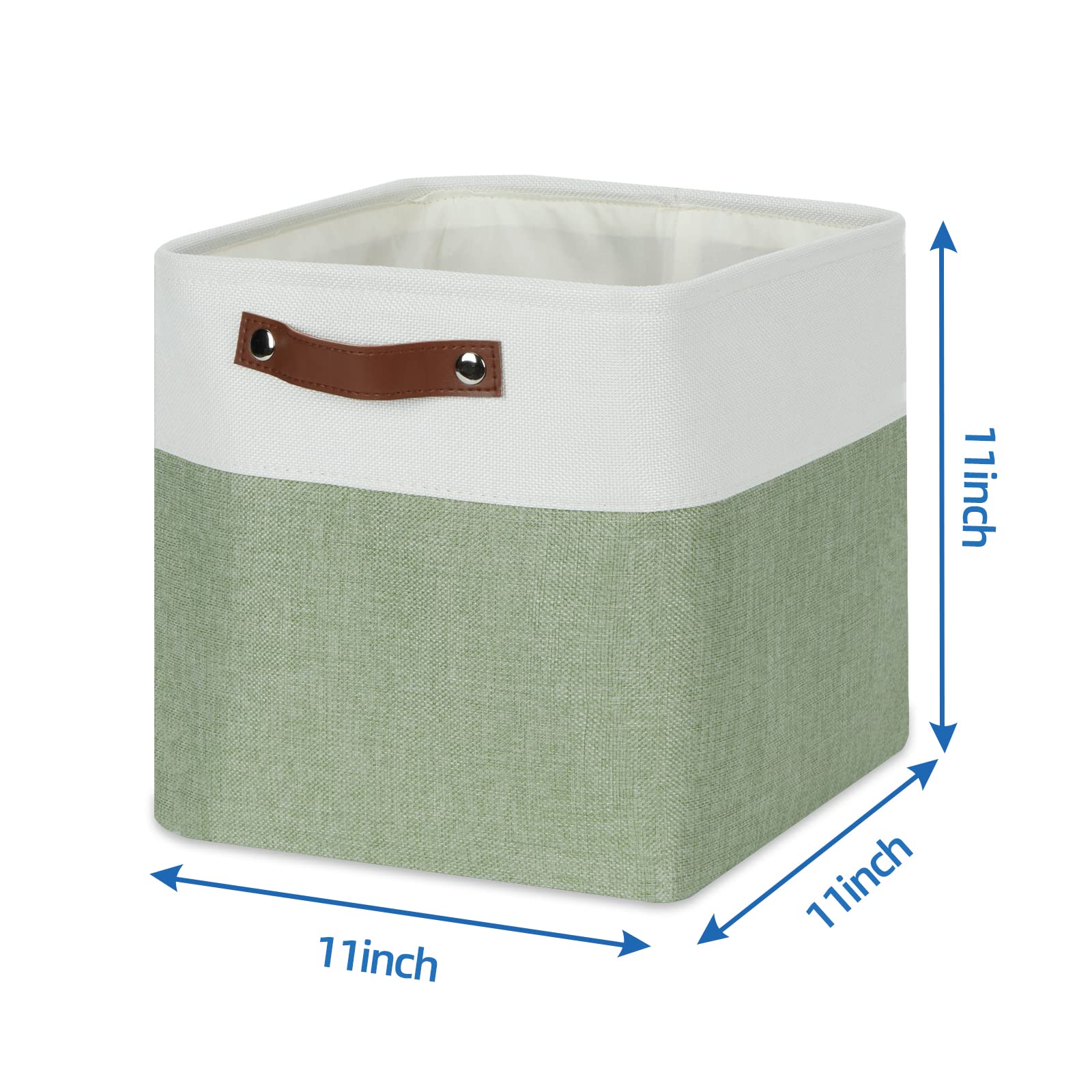 11 Inch Fabric Storage Baskets 4-Pack - White & Green Cube Organizer Bins with Handles for Shelves, Clothes, Toys & Home Decor | Perfect for Bedroom, Closet & Nursery Organization