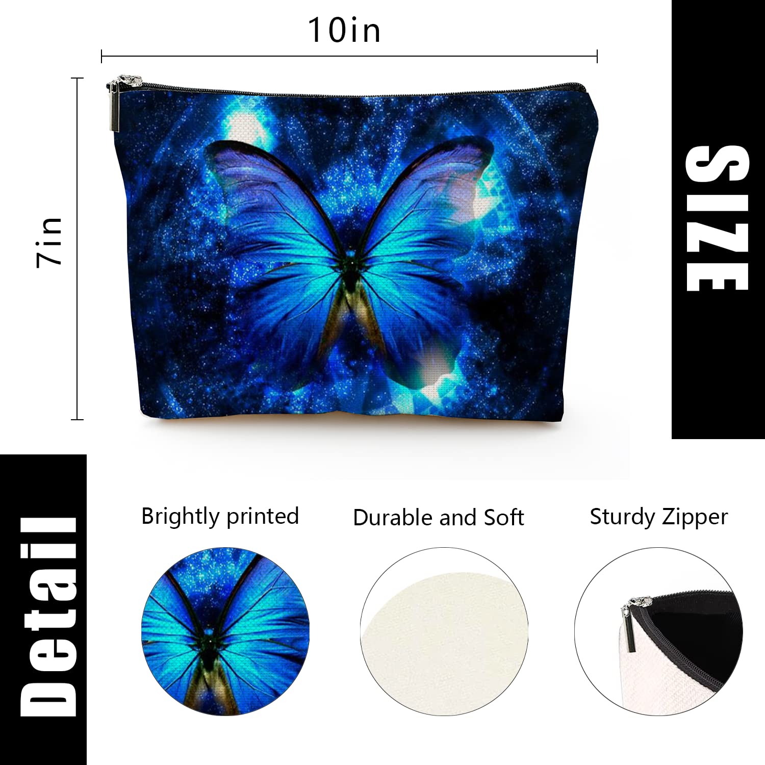 Large Travel Makeup Bag for Women - Waterproof Cosmetic Organizer with Zipper, 7x10 Inch Toiletry Pouch (Blue Butterfly Pattern) - Perfect for Vacation, Gym & Daily Essentials Storage