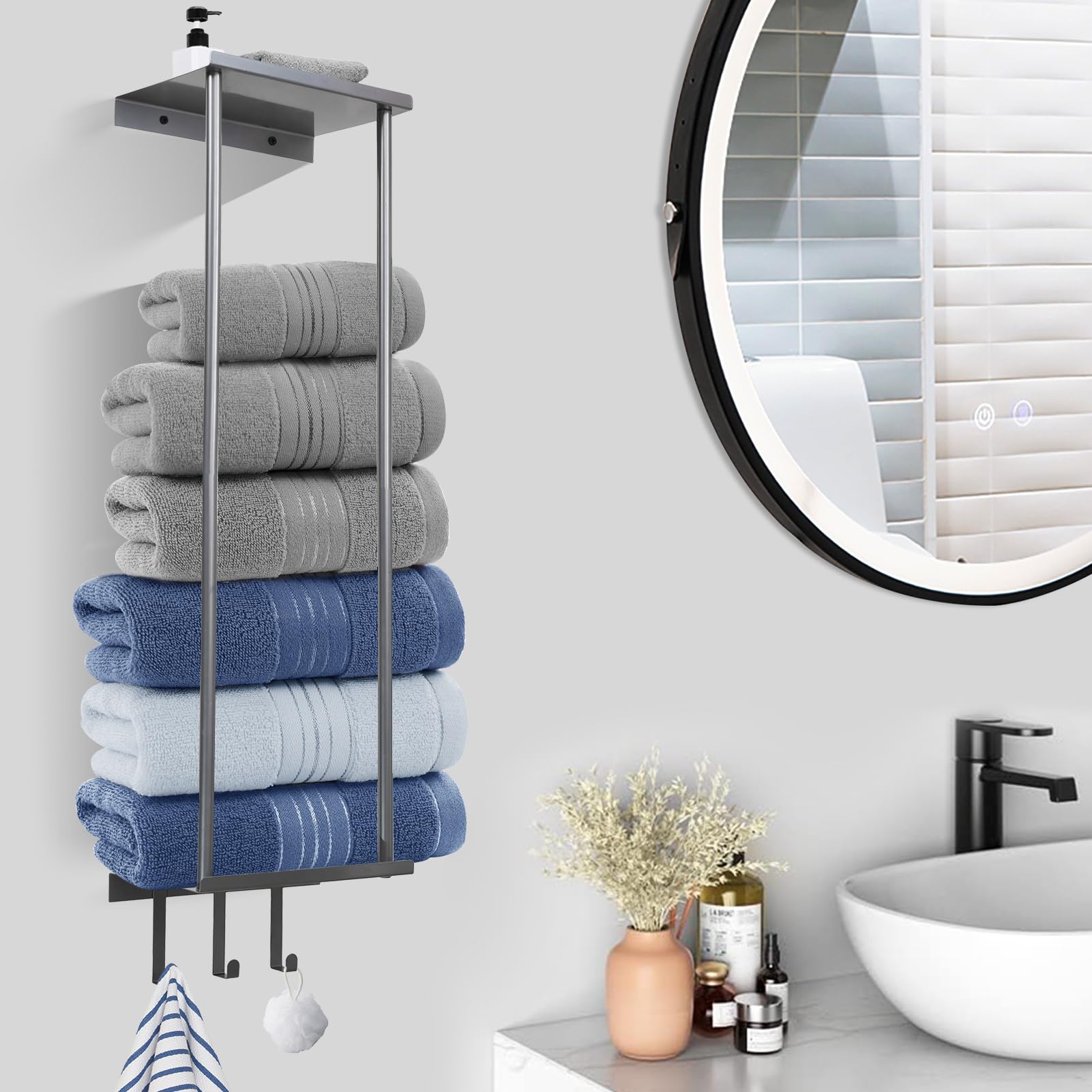Premium Wall Mounted Towel Rack - Silver Metal Bathroom Organizer with Shelf & 3 Removable Hooks for Rolled Towels - Perfect for Small Bathrooms, Apartments, and Spa-Style Decor