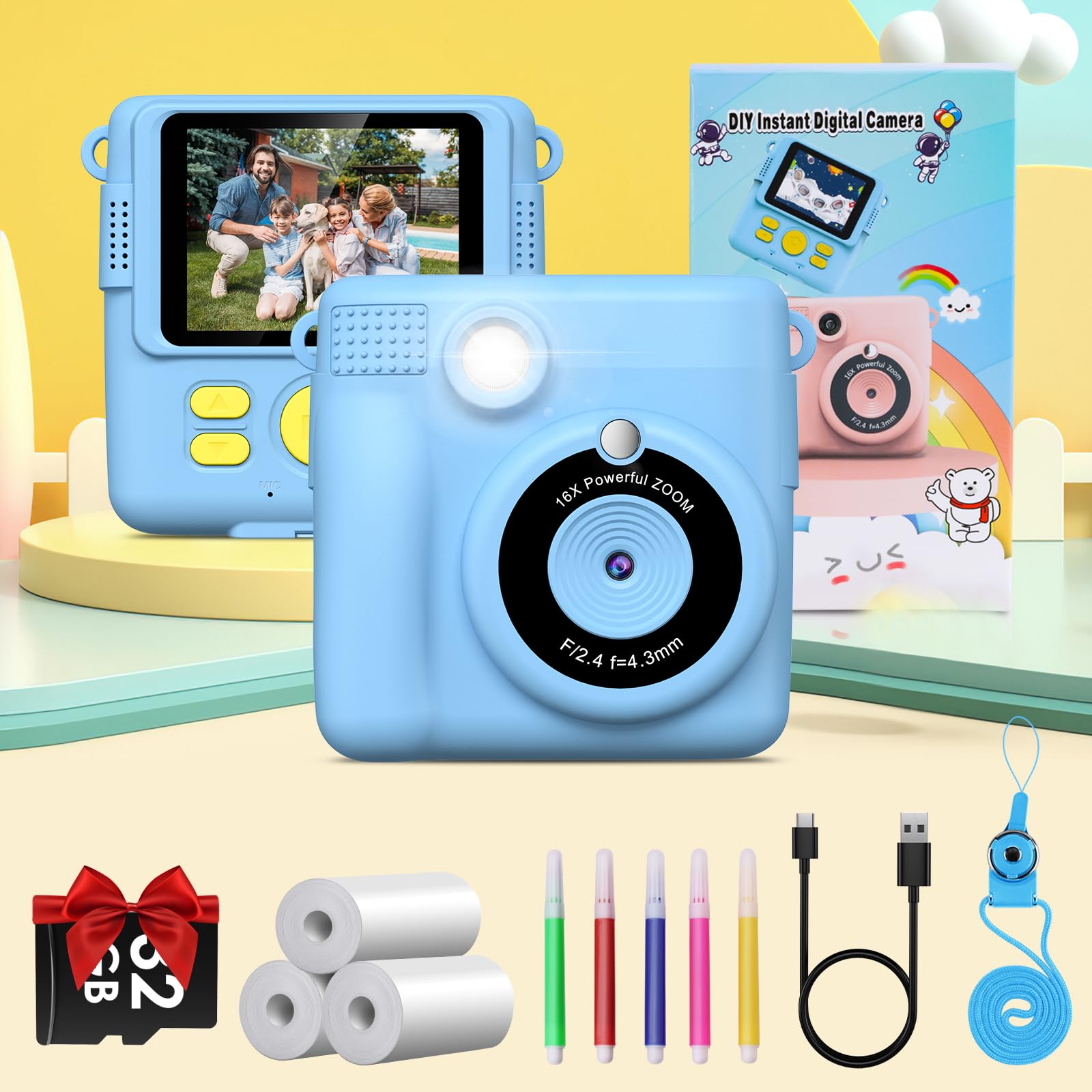 Kids Instant Print Camera - HD Selfie Digital Video Camera for Boys & Girls Ages 3-12 | Portable Travel Toy for Toddlers | Perfect Christmas & Birthday Gift for 3-10 Year Olds | Great for Travel, Parties & Family Memories