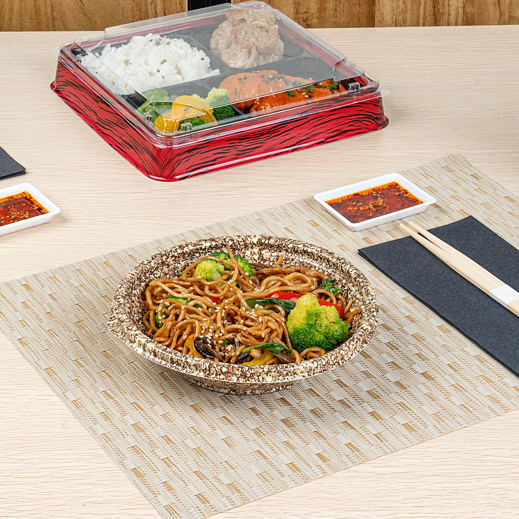 Bento Tek 10 oz Round Brown and White Plastic Asian Style Microwave Safe Bowls - 6.75