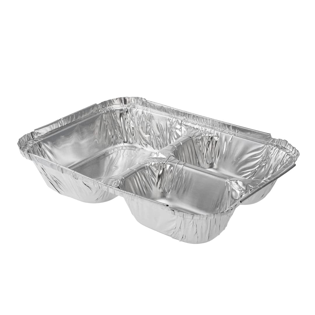 Restaurantware Foil Lux 23oz Aluminum Food Storage Containers - 100-Pack 3-Compartment Rectangle Pans for Baking, Meal Prep & Leftovers (Lids Sold Separately) | Durable & Reusable for Catering, Restaurants & Home Cooking