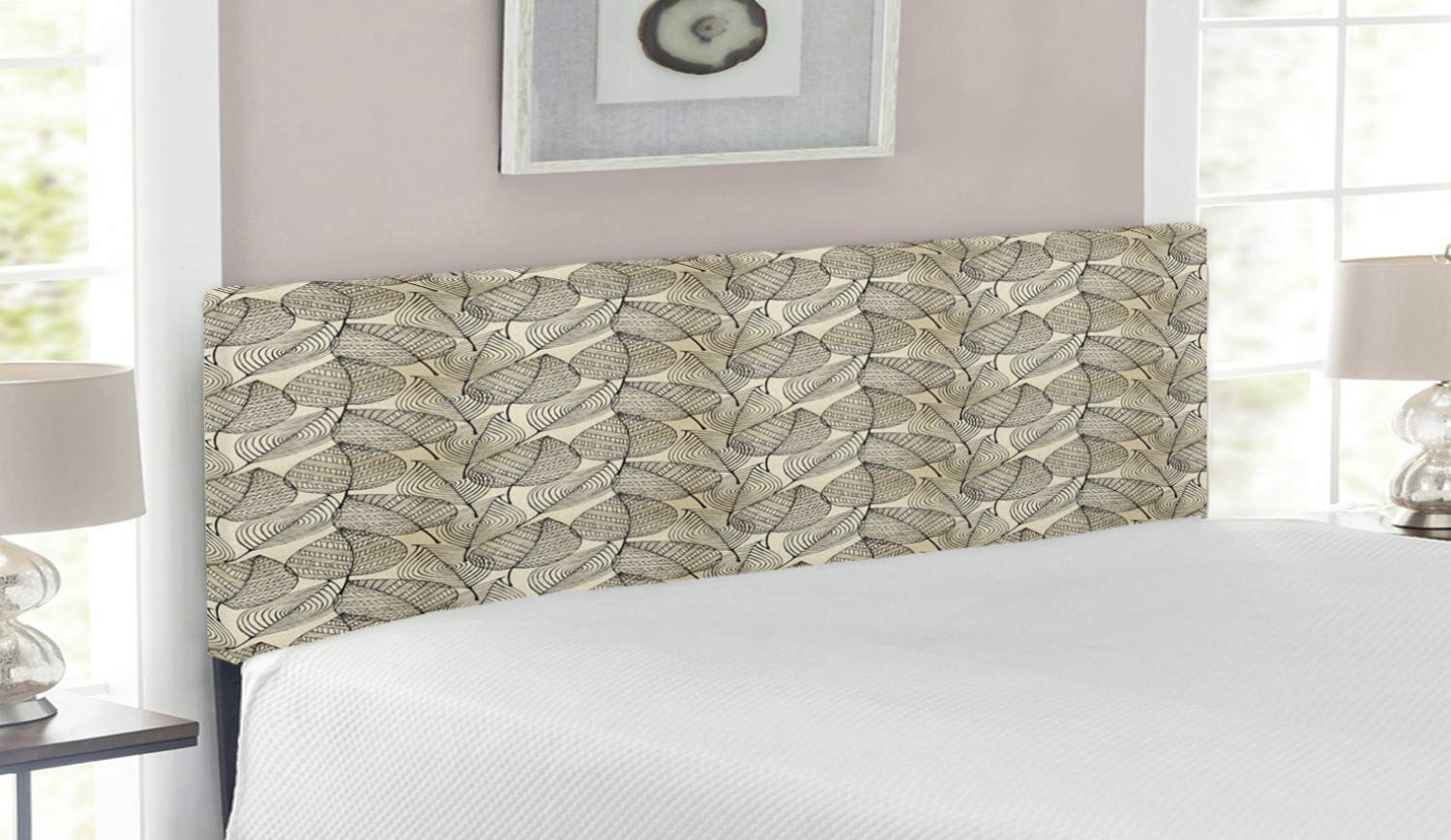 Ambesonne Beige Upholstered Queen Size Headboard with Memory Foam - Autumn Geometric Leaf Pattern & Abstract Foliage Design - Decorative Metal Bed Frame for Master Bedroom, Guest Room & Dorm Decor