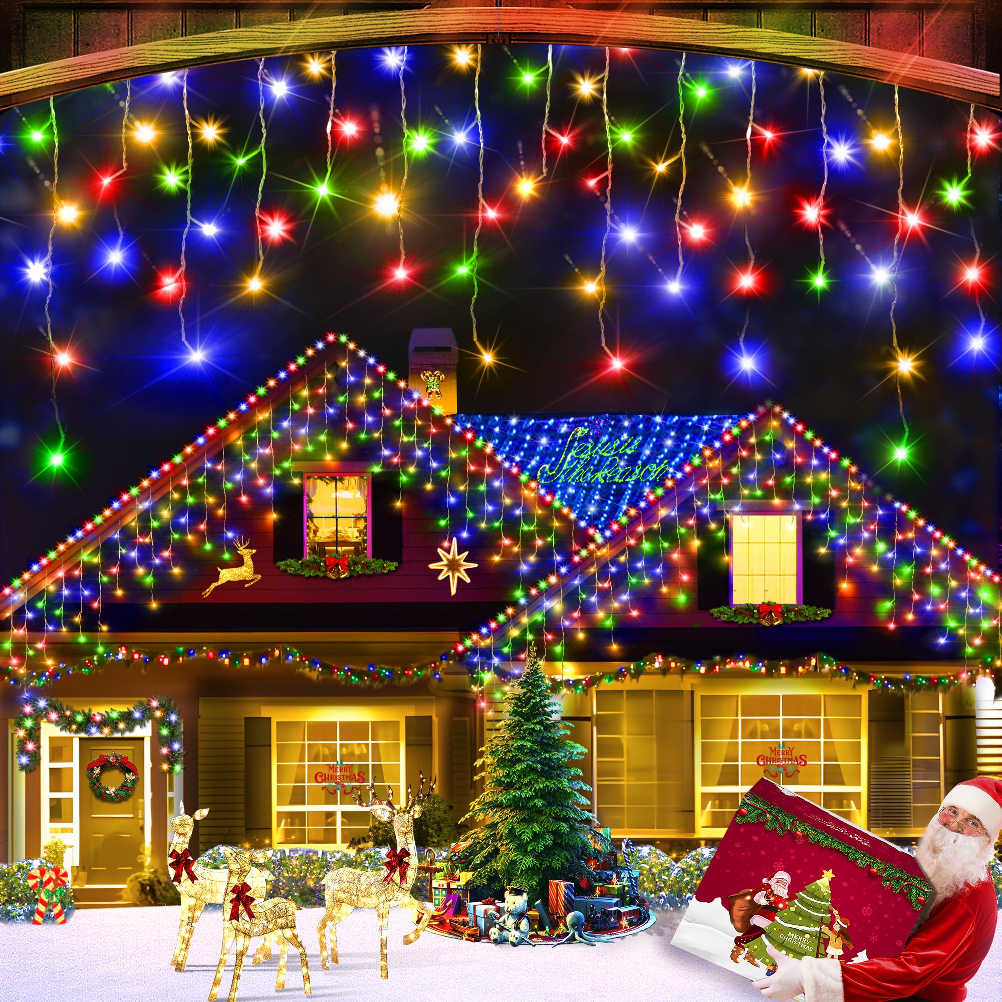 XURISEN 66ft Outdoor Christmas Lights with 640 LED & 8 Modes - Waterproof Fairy Curtain Lights with 120 Drops, Timer & Memory Function - Perfect for Christmas, Holiday, Wedding, Party, Garden, and Home Decor (Multicolor)