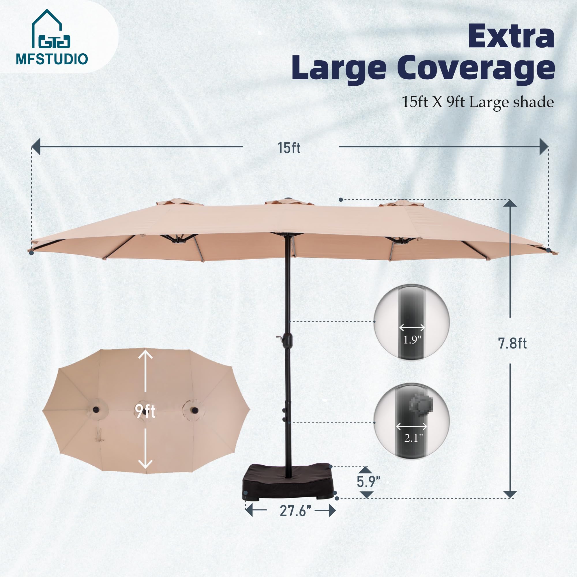 MFSTUDIO 15ft Double Sided Outdoor Patio Umbrella with Heavy Duty Base - Large Rectangular Market Umbrella with Easy Crank Handle - Perfect for Deck, Poolside, Garden, and Backyard Shade
