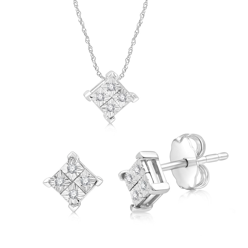 1/10 Carat Diamond Stud Earrings & Pendant Necklace Set - Sterling Silver 45cm Chain - Elegant Jewelry for Women's Daily Wear & Special Occasions