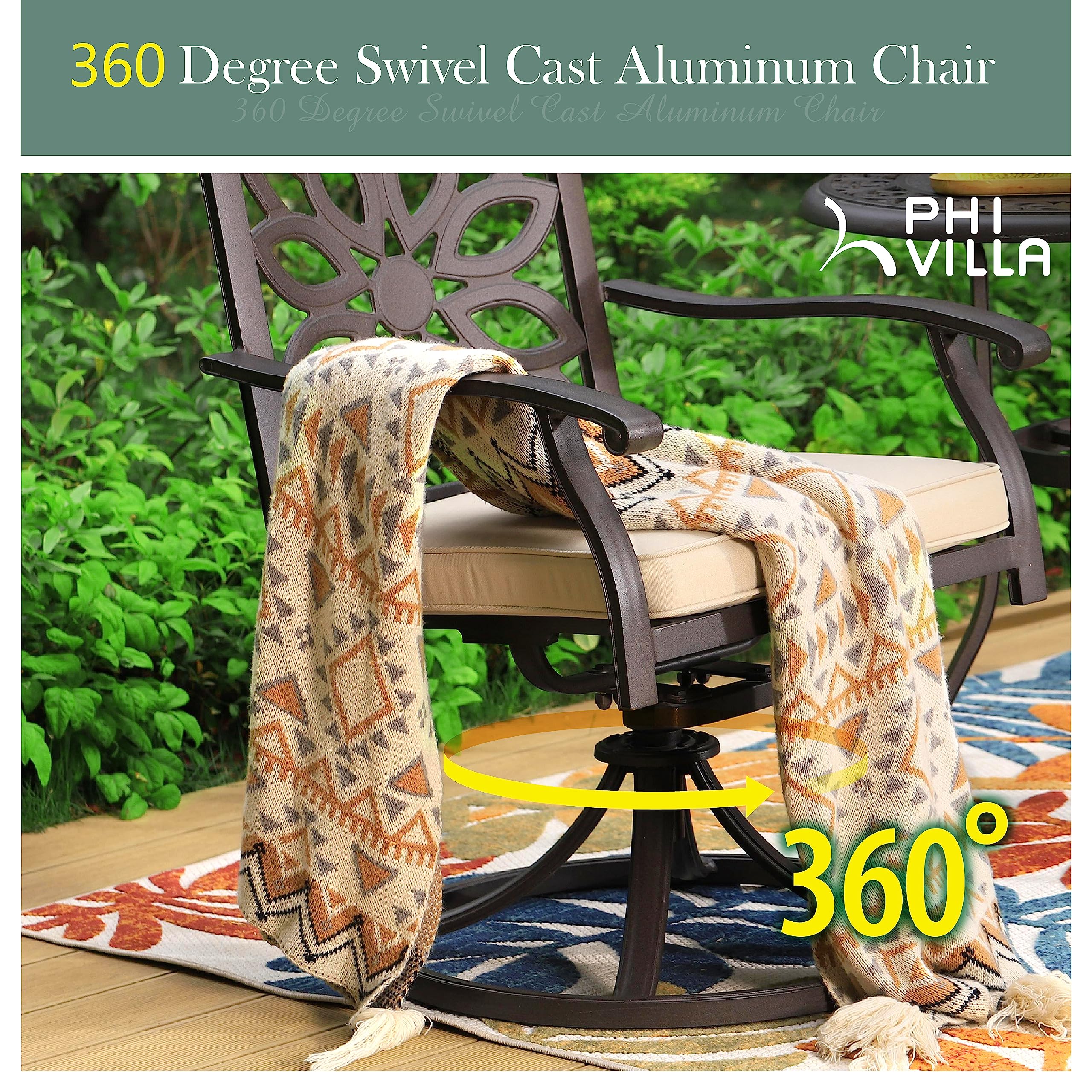 PHI VILLA 2-Piece Cast Aluminum Outdoor Patio Swivel Dining Chairs Set - All-Weather Rust-Resistant Wide Armrest Chairs with Cushions - Perfect for Backyard, Garden, Poolside & Restaurant Use