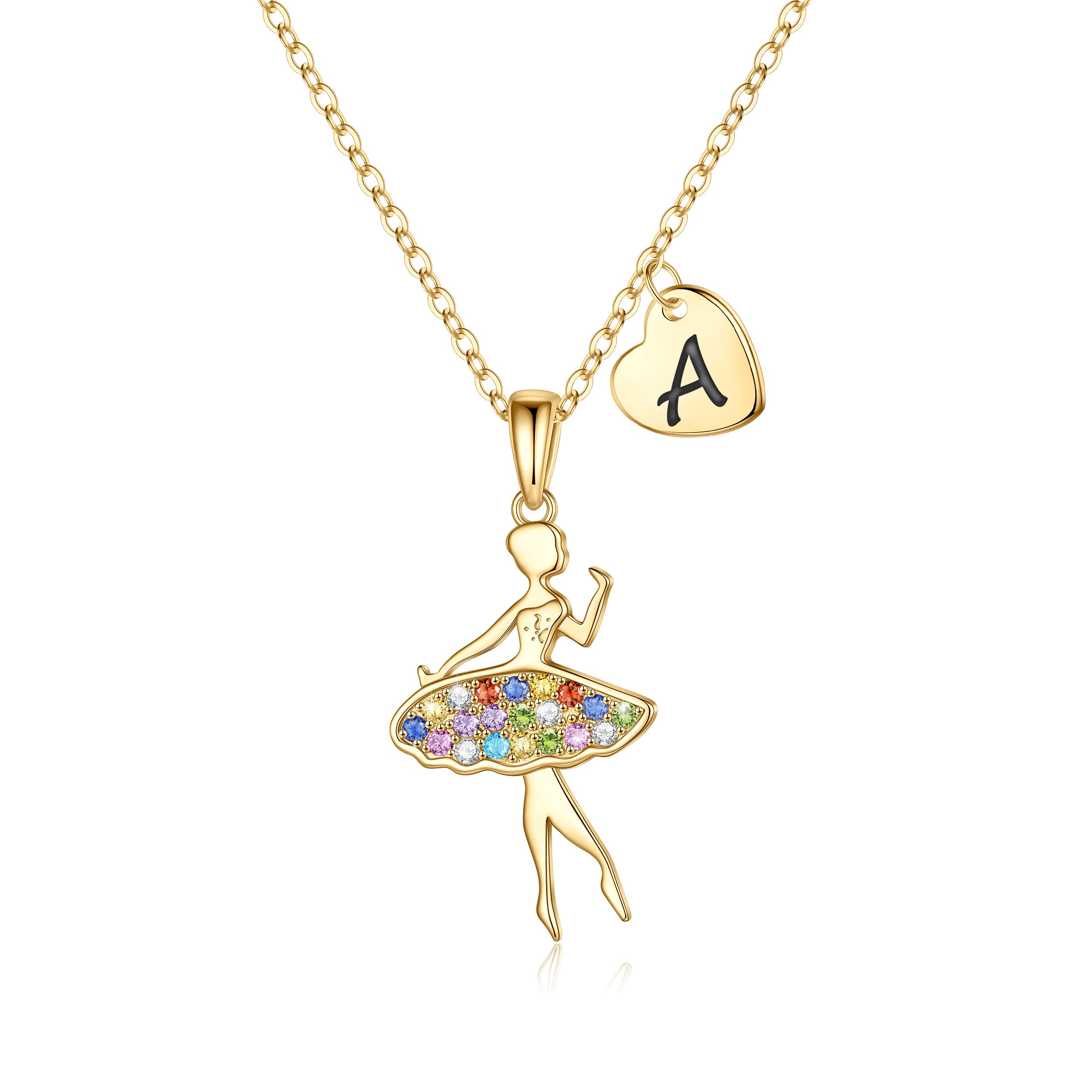 14K Solid Gold Ballet Necklace for Girls - Colorful CZ Ballerina Heart Initial Necklace | Teen Jewelry, Dance Recital & Birthday Gifts for Women | Perfect for Ballet Performances, Special Occasions & Everyday Wear